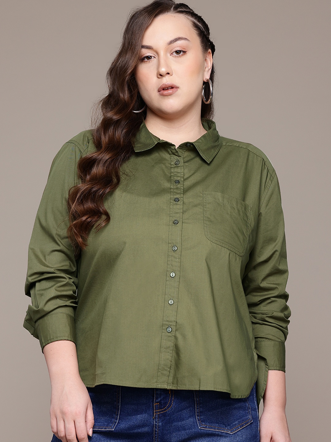 

The Roadster Lifestyle Co. Plus-Size Pure Cotton Casual Shirt, Olive