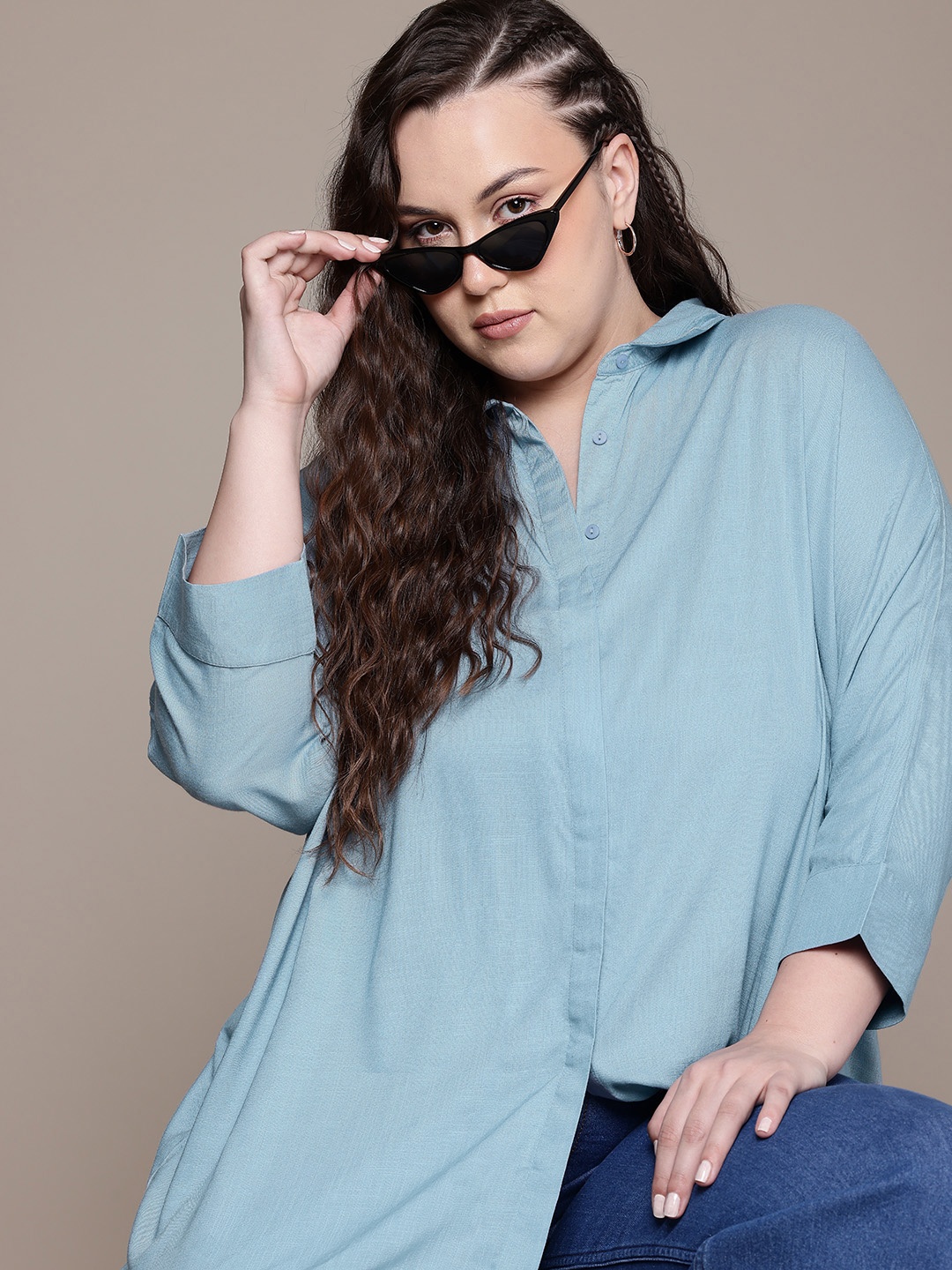 

The Roadster Lifestyle Co. Plus Size Opaque Longline Shirt, Blue