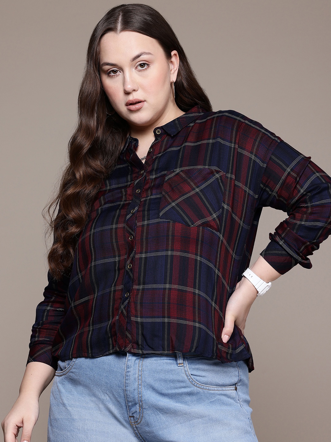 

The Roadster Lifestyle Co. Plus Size Tartan Checked Casual Shirt, Navy blue