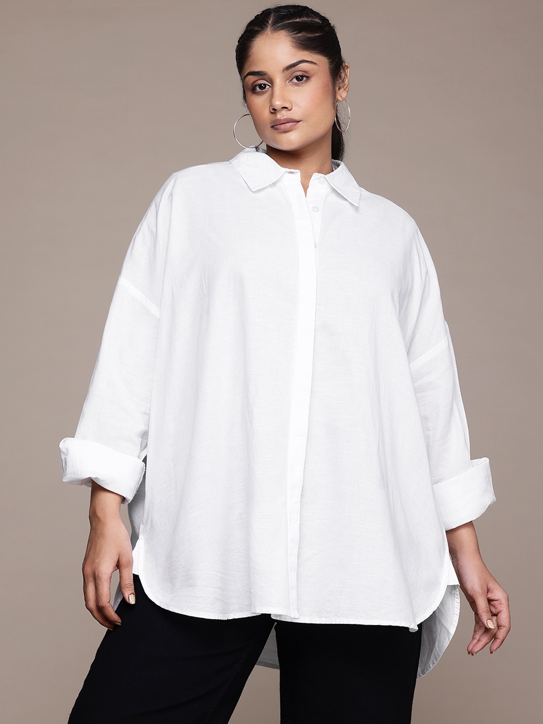 

The Roadster Lifestyle Co. Plus Size Drop Shoulder Sleeves Casual Shirt, White