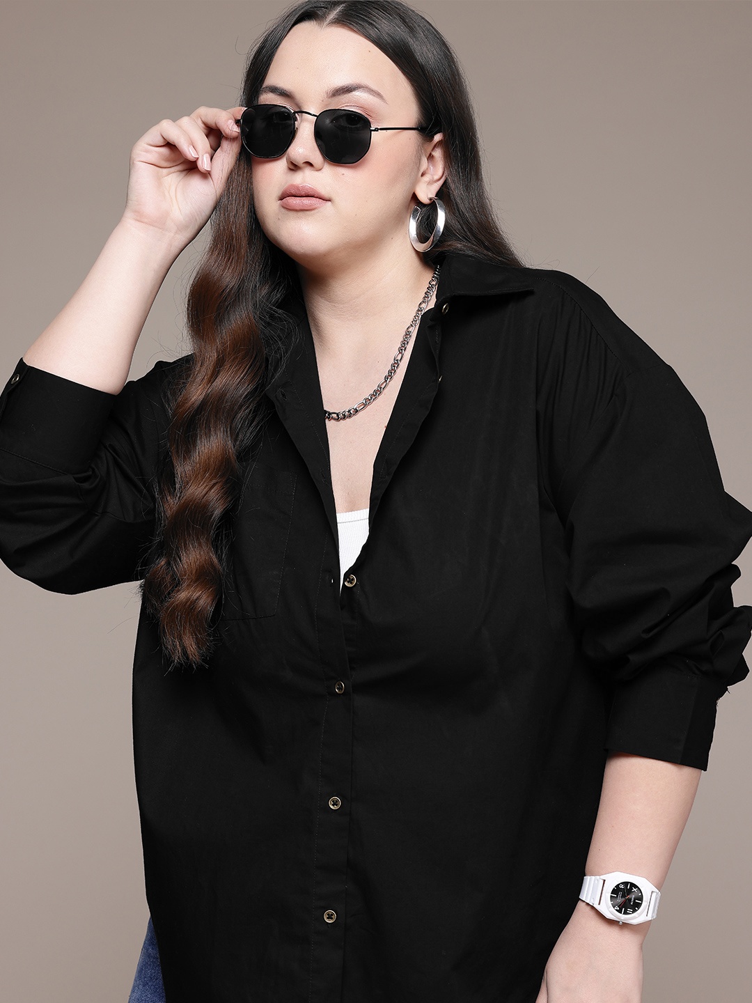 

The Roadster Lifestyle Co. Plus Size Pure Cotton Relaxed Shirt, Black