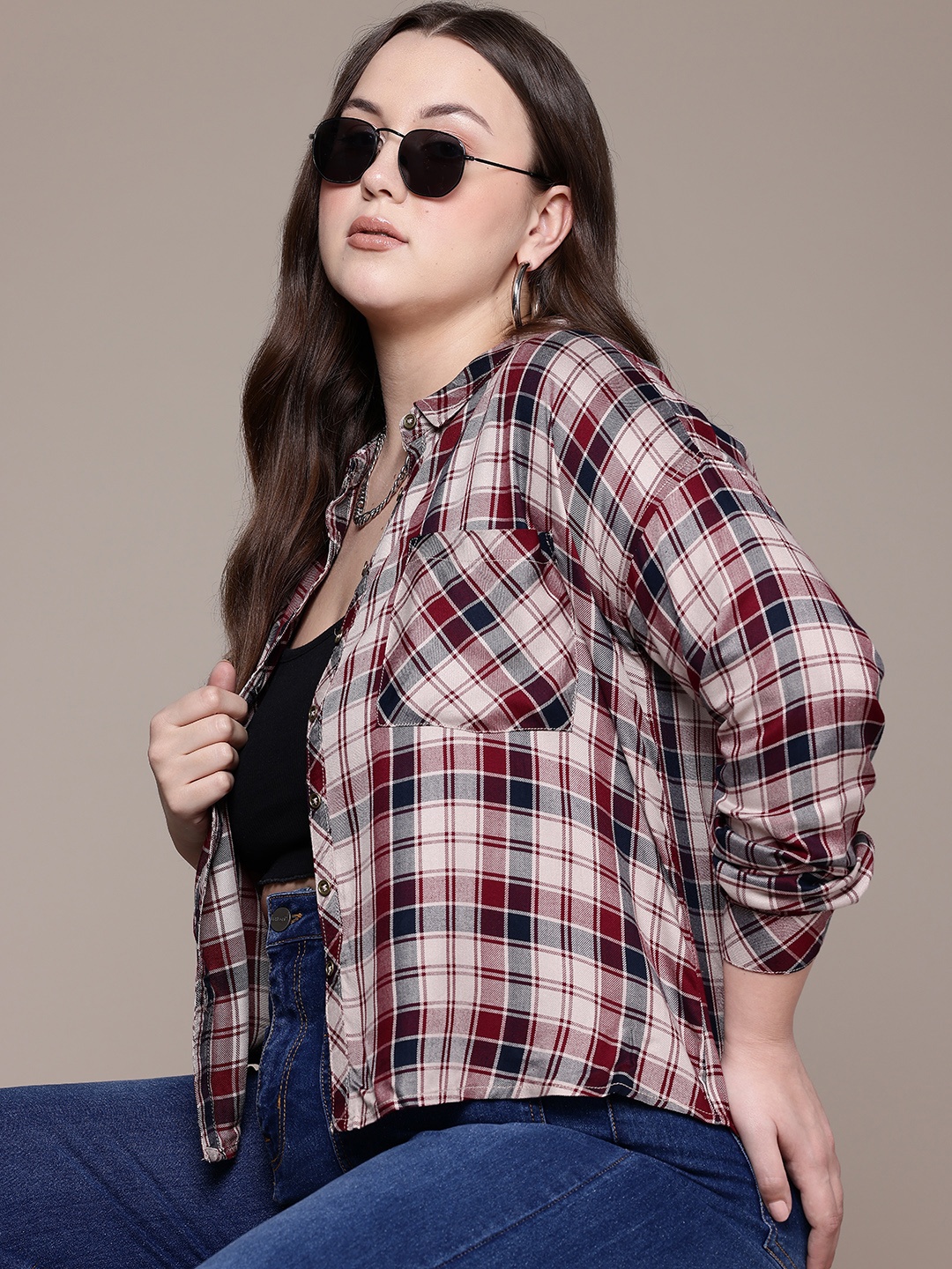 

The Roadster Lifestyle Co. Plus Size Tartan Checked Casual Shirt, Off white