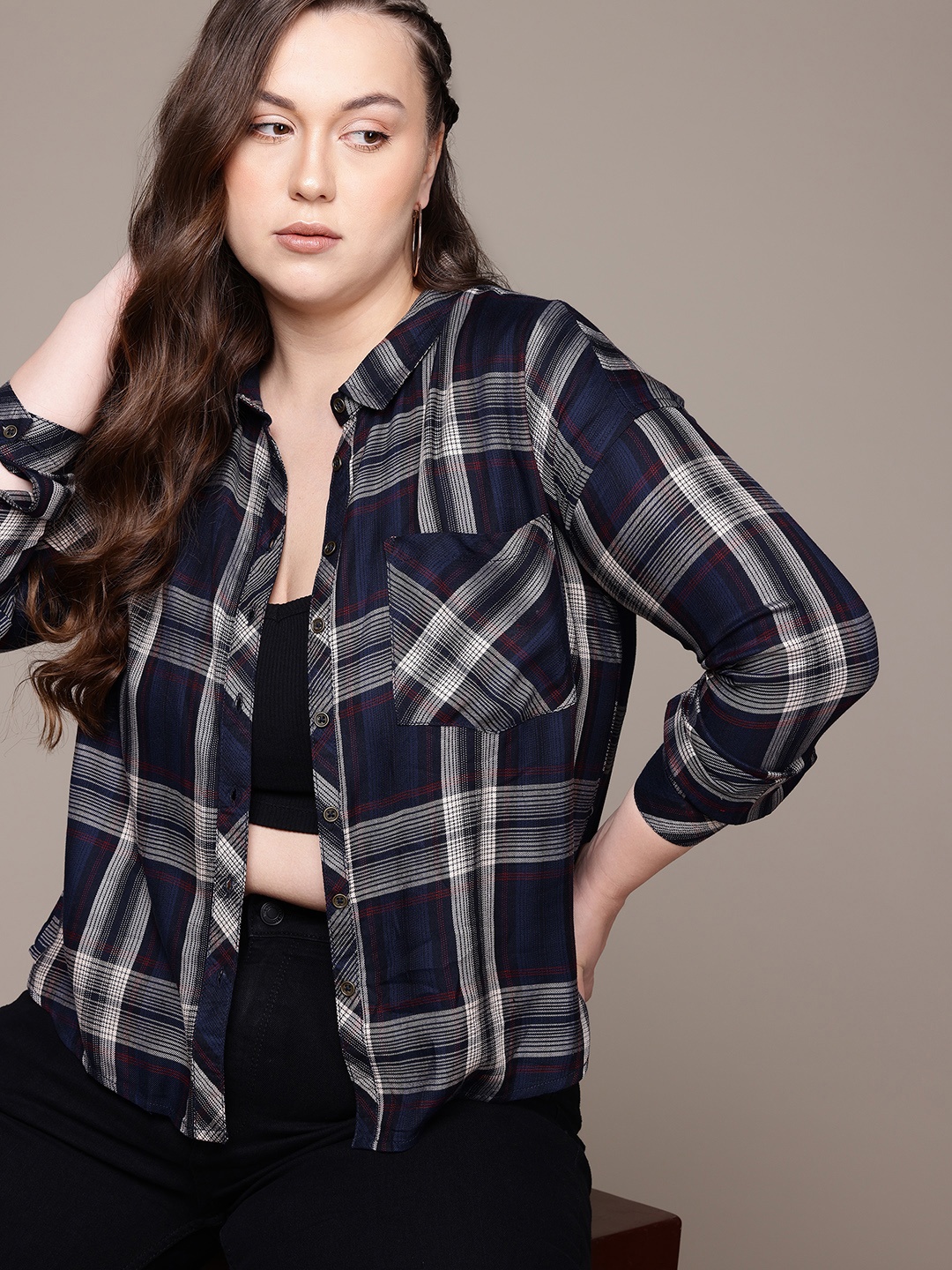 

The Roadster Lifestyle Co. Plus-Size Tartan Checked Casual Shirt, Navy blue