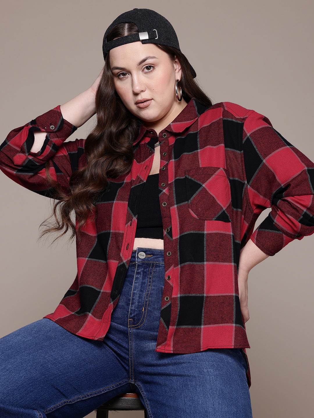 

The Roadster Lifestyle Co. Plus Size Windowpane Checked Casual Shirt, Red