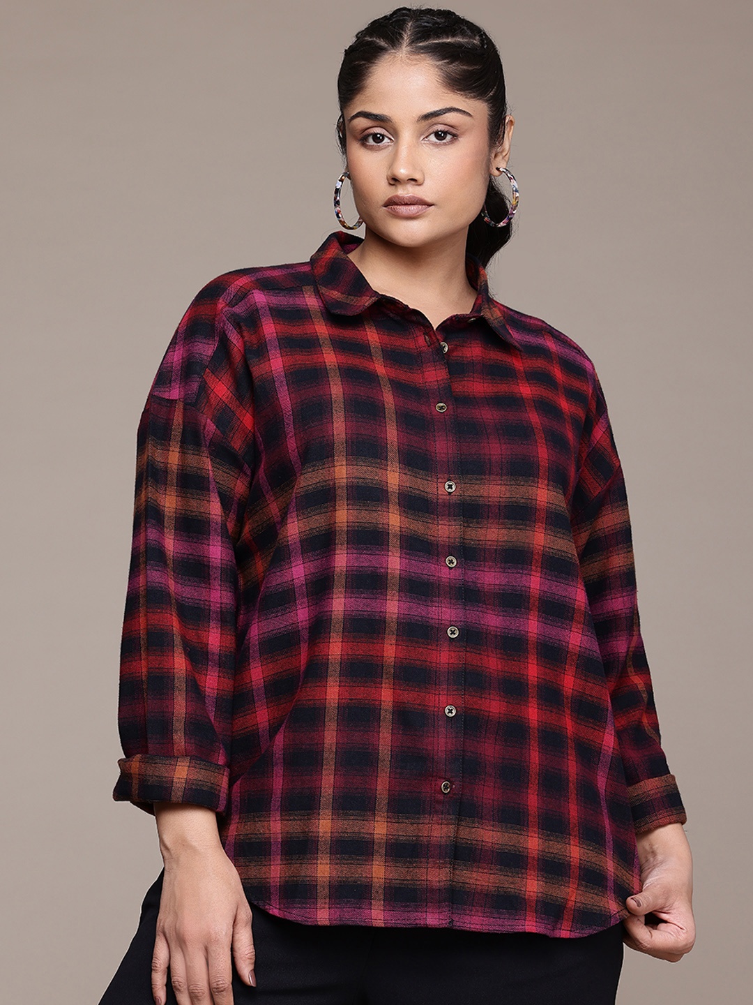 

The Roadster Lifestyle Co. Plus-Size Checked Pure Cotton Shirt, Black