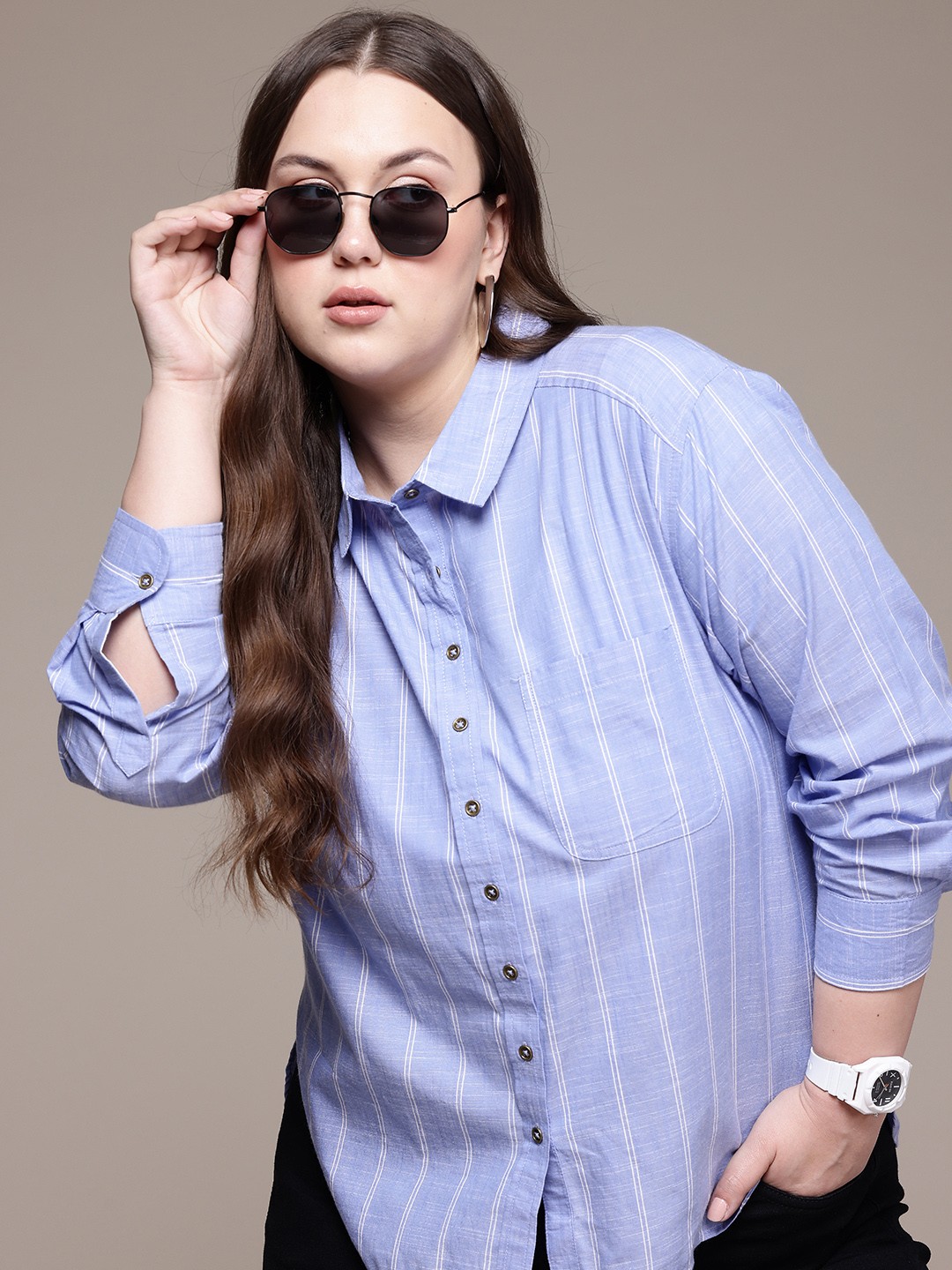 

The Roadster Lifestyle Co. Plus Size Striped Pure Cotton Shirt, Blue