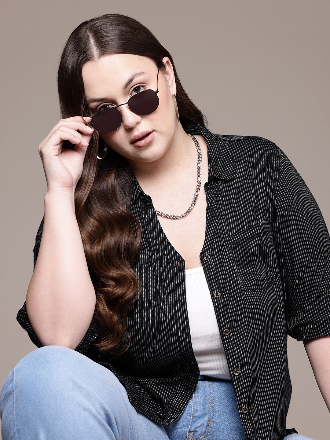 

The Roadster Lifestyle Co. Plus Size Striped Casual Shirt, Black