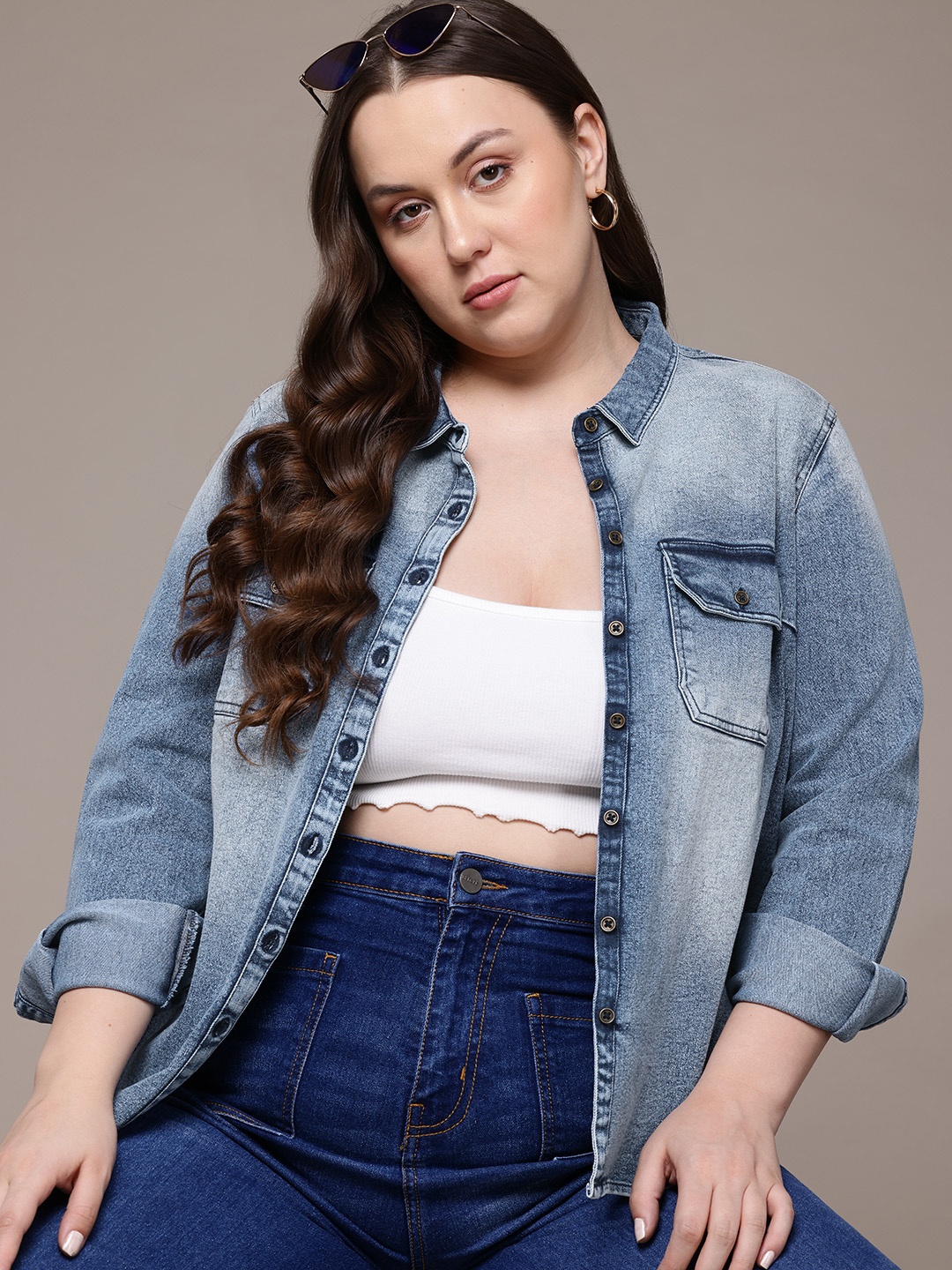 

The Roadster Lifestyle Co. Plus-Size Pure Cotton Denim Longline Shirt, Blue