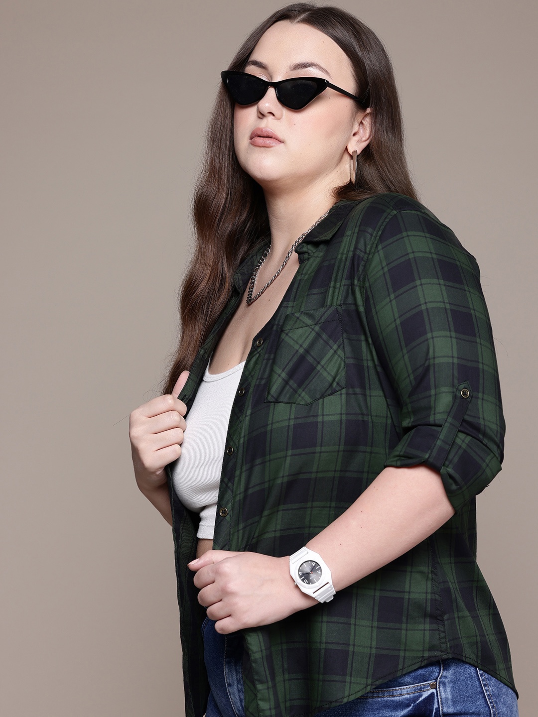 

The Roadster Lifestyle Co. Plus Size Checked Casual Shirt, Green
