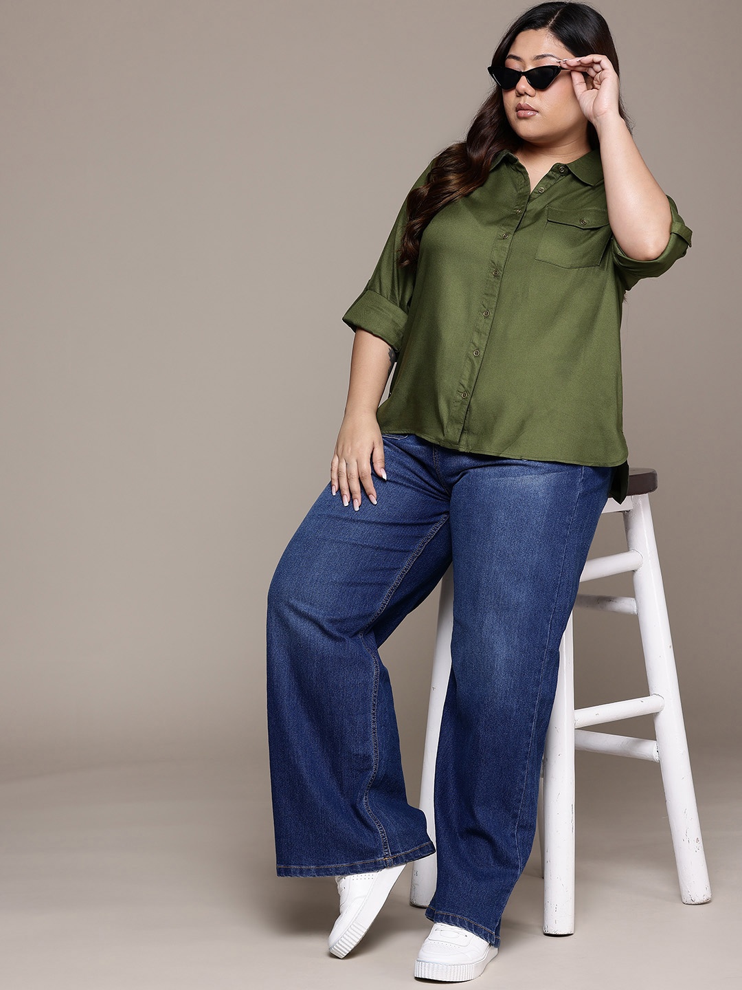 

The Roadster Lifestyle Co. Plus Size Women Opaque Longline Shirt, Olive
