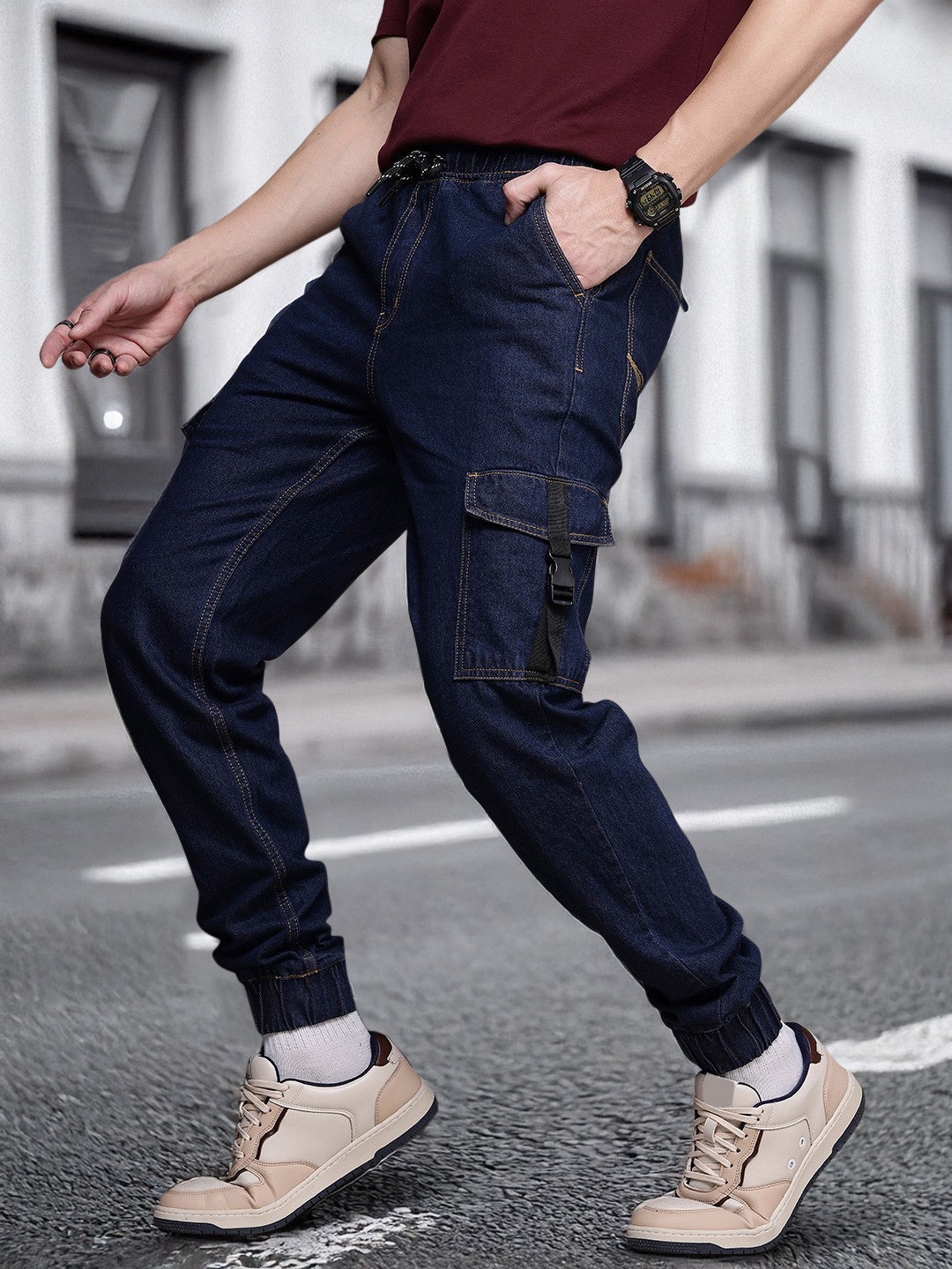 

The Roadster Life Co. Men Pure Cotton Baggy Cargo Jogger, Blue