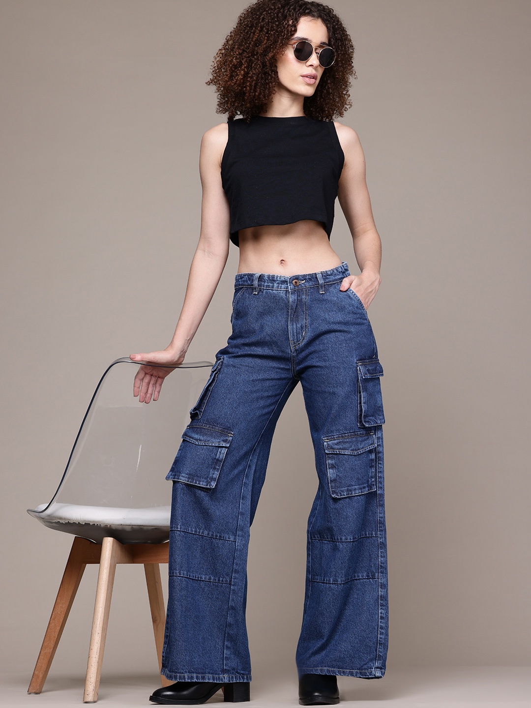 

The Roadster Lifestyle Co. Women Wide Leg High-Rise Cotton Jeans, Blue