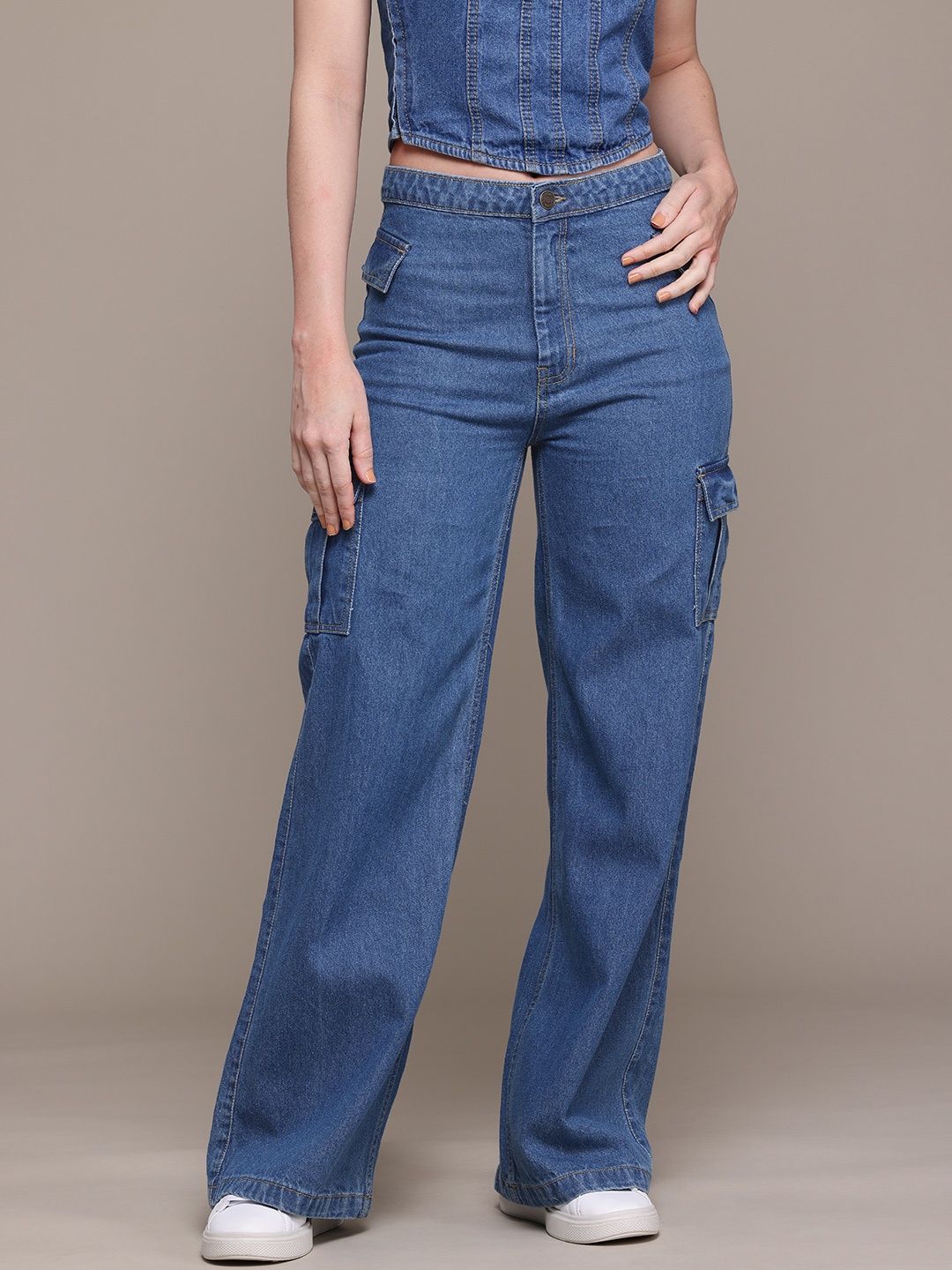 

The Roadster Lifestyle Co. Women Pure Cotton Wide Leg High-Rise Jeans, Blue