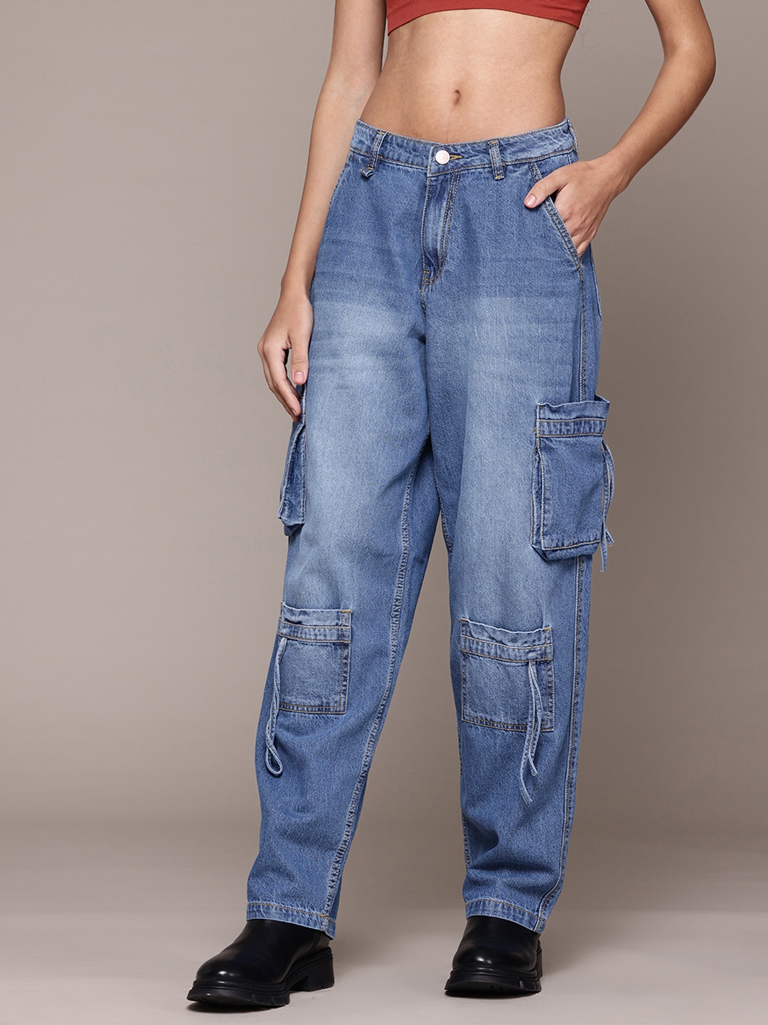

The Roadster Lifestyle Co. Women High-Rise Cargo-Style Jeans, Blue