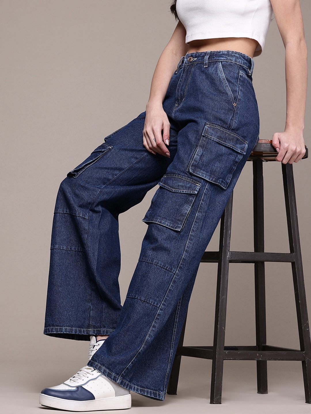 

The Roadster Lifestyle Co. Women Wide Leg High-Rise Pure Cotton Jeans, Navy blue