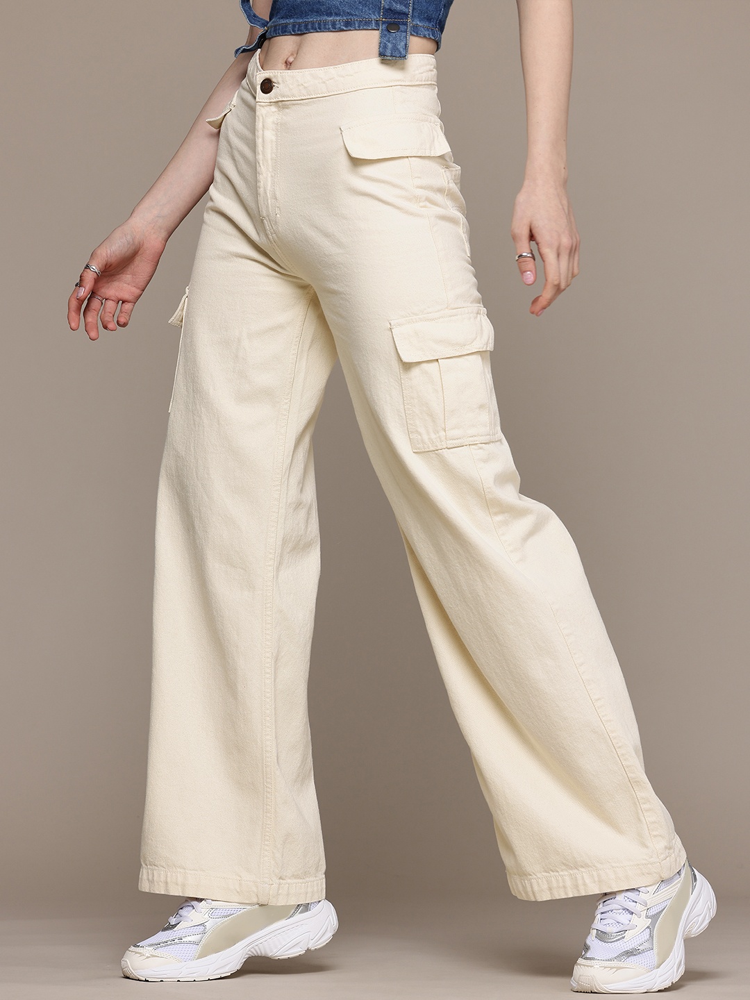 

The Roadster Life Co. Women Wide Leg High-Rise Pure Cotton Jeans, Cream