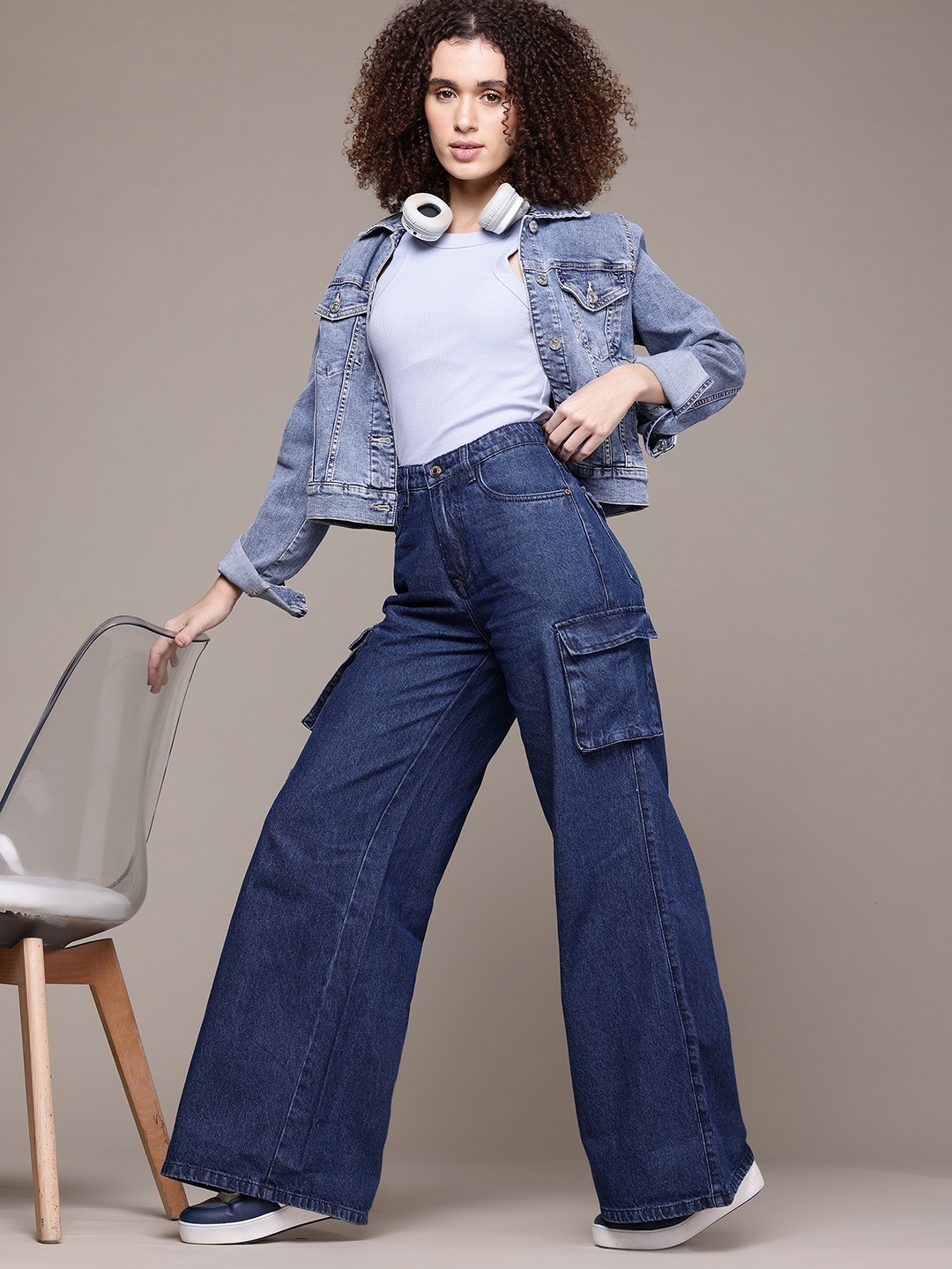 

The Roadster Lifestyle Co. Women Wide Leg High-Rise Pure Cotton Jeans, Navy blue
