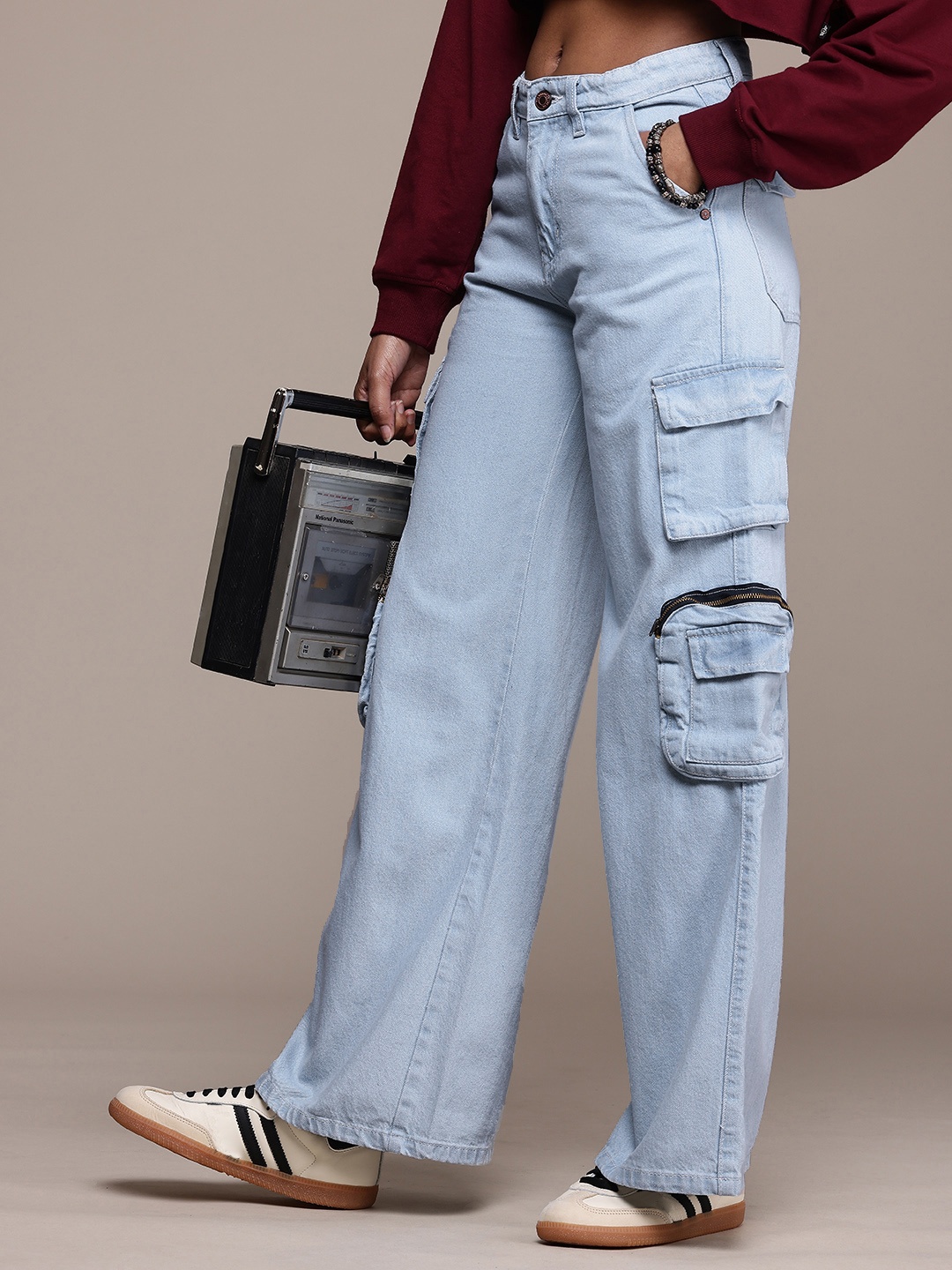 

The Roadster Lifestyle Co. Women Wide Leg Cargo Style High-Rise Jeans, Blue