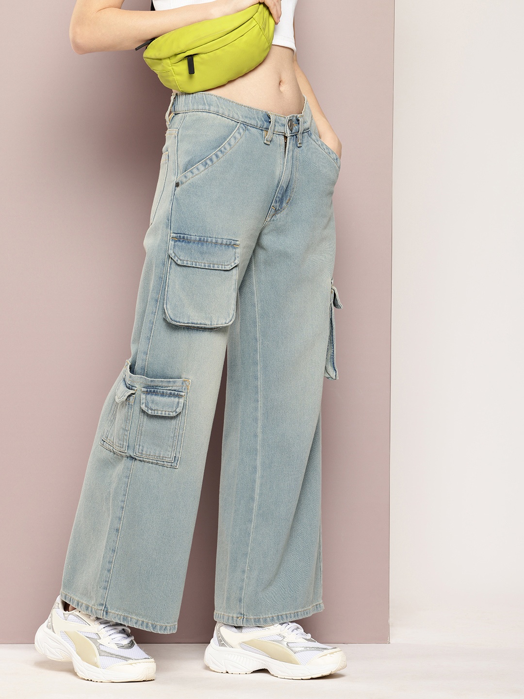 

Kook N Keech Women Pure Cotton Wide Leg Cargo Heavy Fade Jeans, Blue