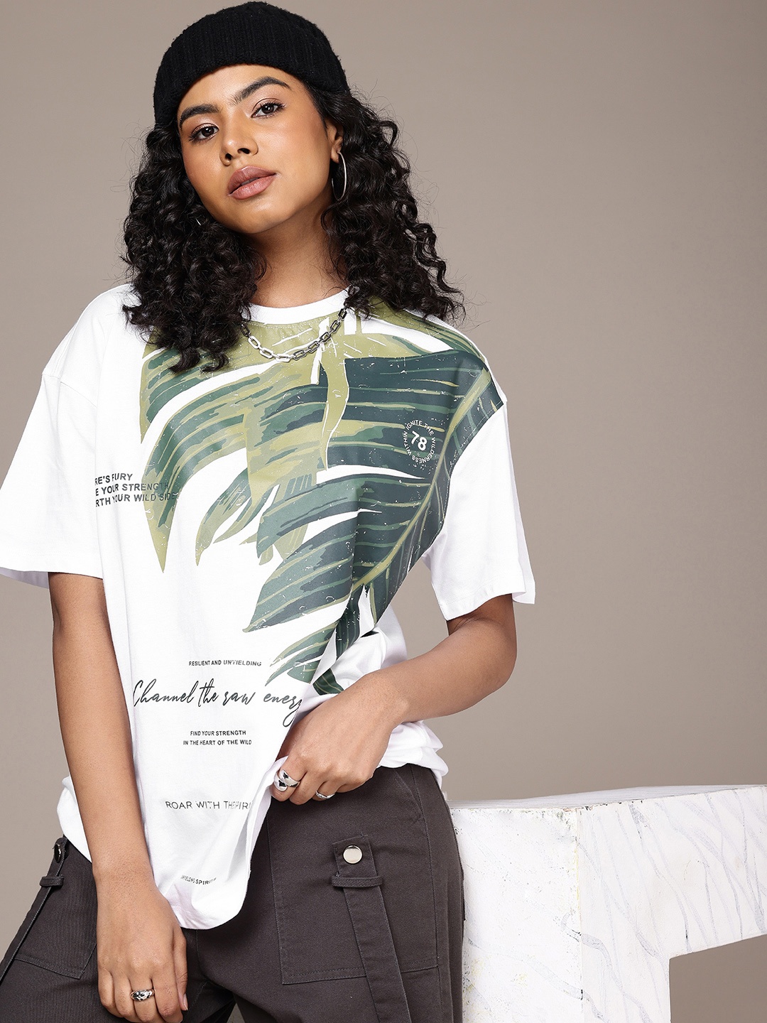 

The Roadster Life Co. Pure Cotton Graphic Printed Oversized T-shirt, White