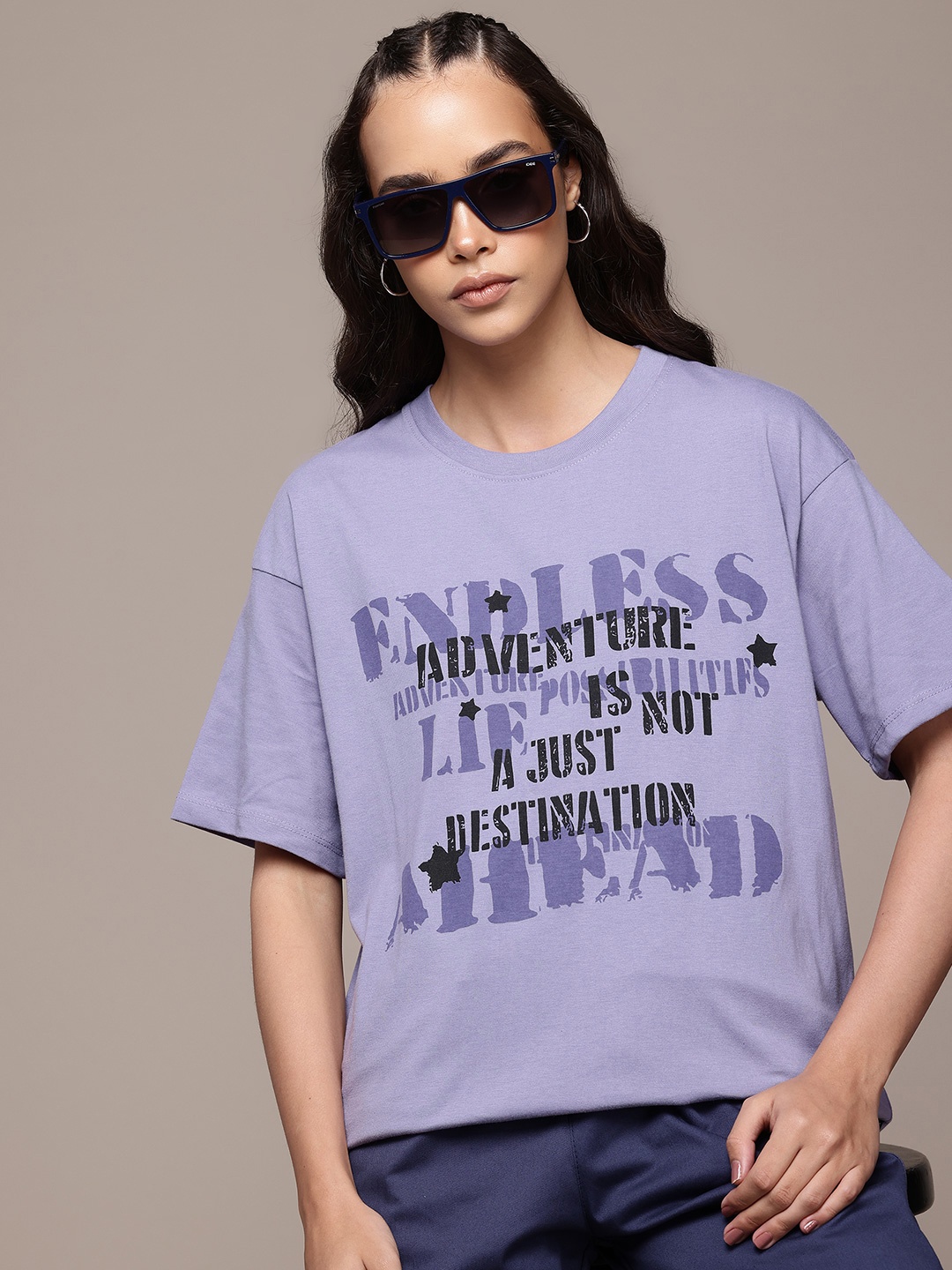 

The Roadster Lifestyle Co. Women Printed Oversized T-shirt, Purple