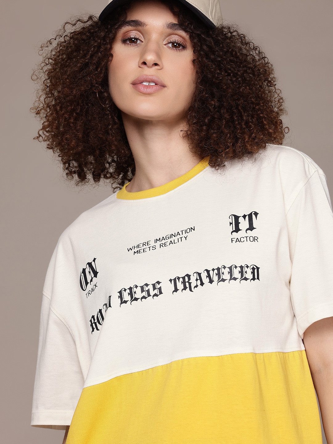 

The Roadster Lifestyle Co. Women Printed Colourblocked Oversized T-shirt, Mustard