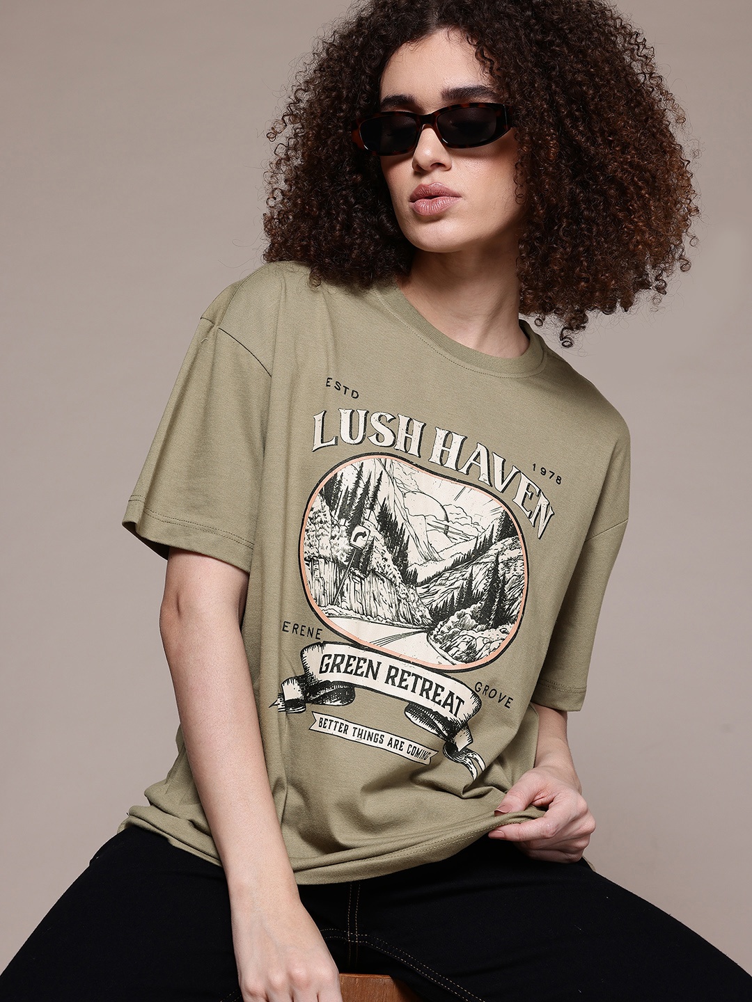 

The Roadster Lifestyle Co. Women Printed Oversized T-shirt, Olive