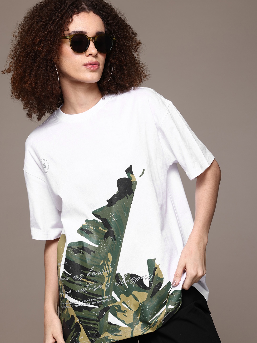 

Roadster The Lifestyle Co Printed Drop-Shoulder Sleeves Tropical Pure Cotton T-shirt, White