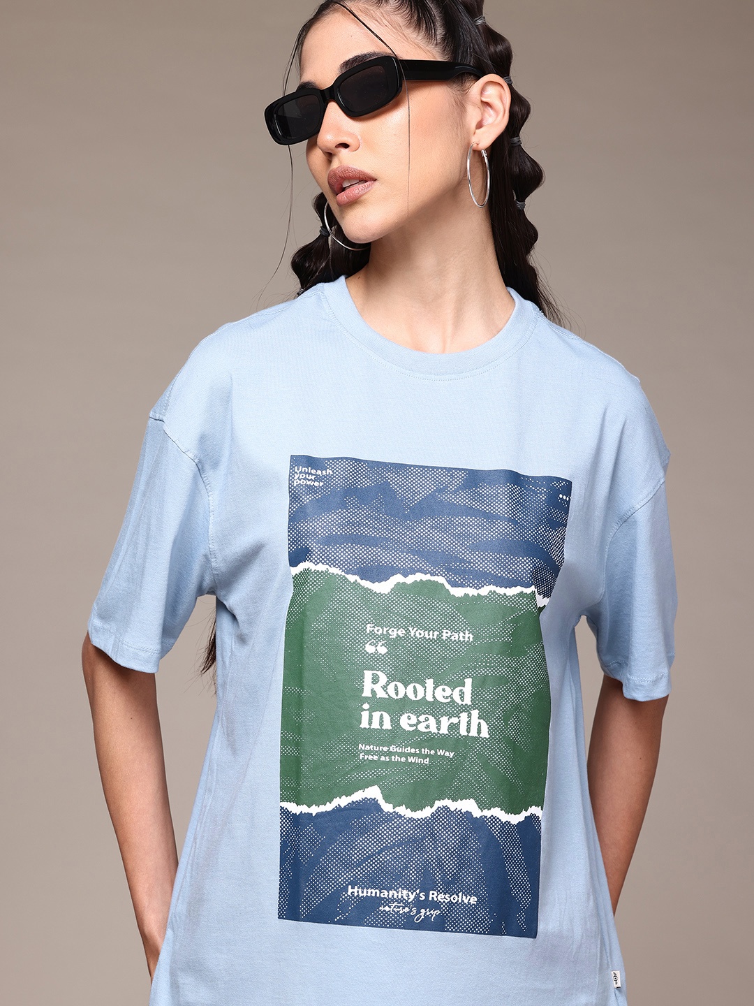 

The Roadster Lifestyle Co. Printed Pure Cotton Oversized T-shirt, Blue