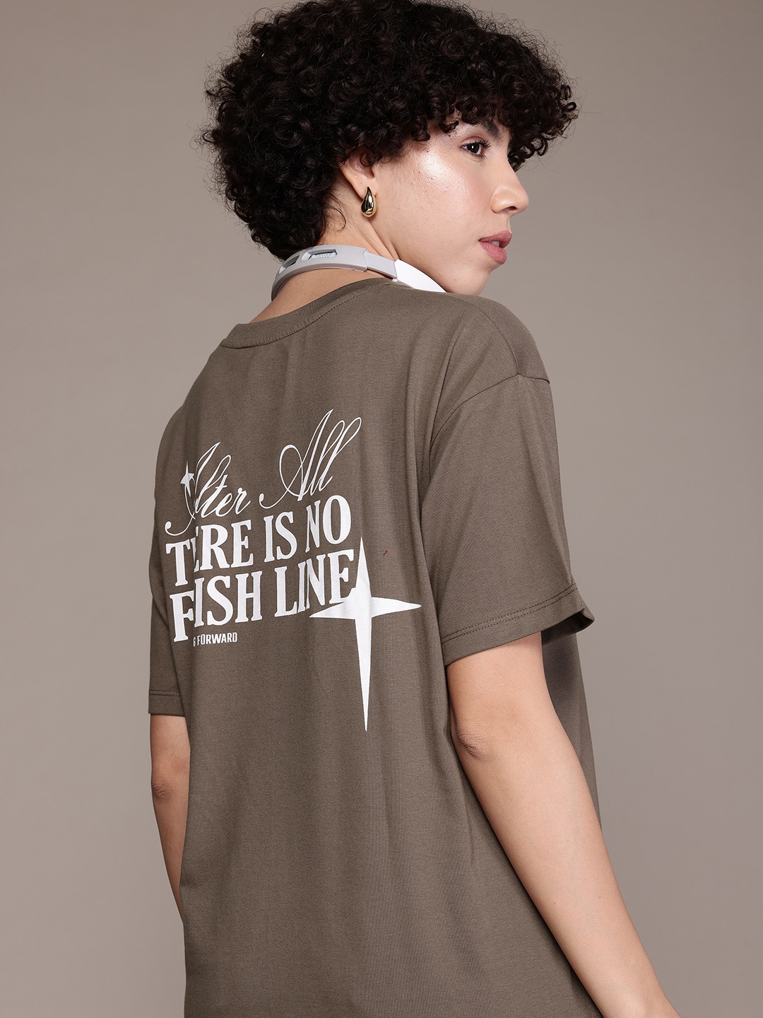 

The Roadster Lifestyle Co. Typography Printed Drop-Shoulder Relaxed Longline T-shirt, Brown