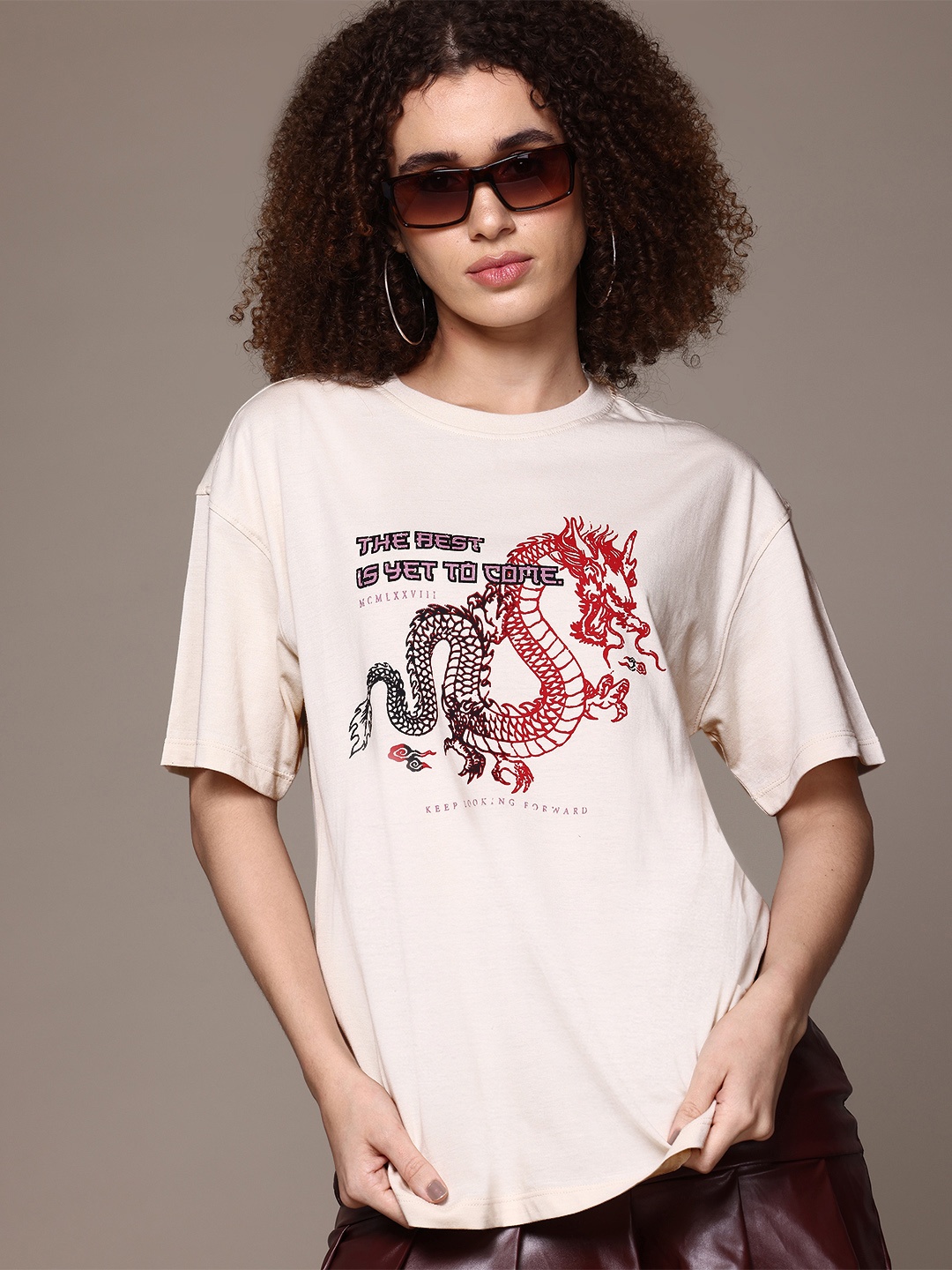 

Roadster The Lifestyle Co Printed Drop-Shoulder Sleeves Pure Cotton T-shirt, Off white