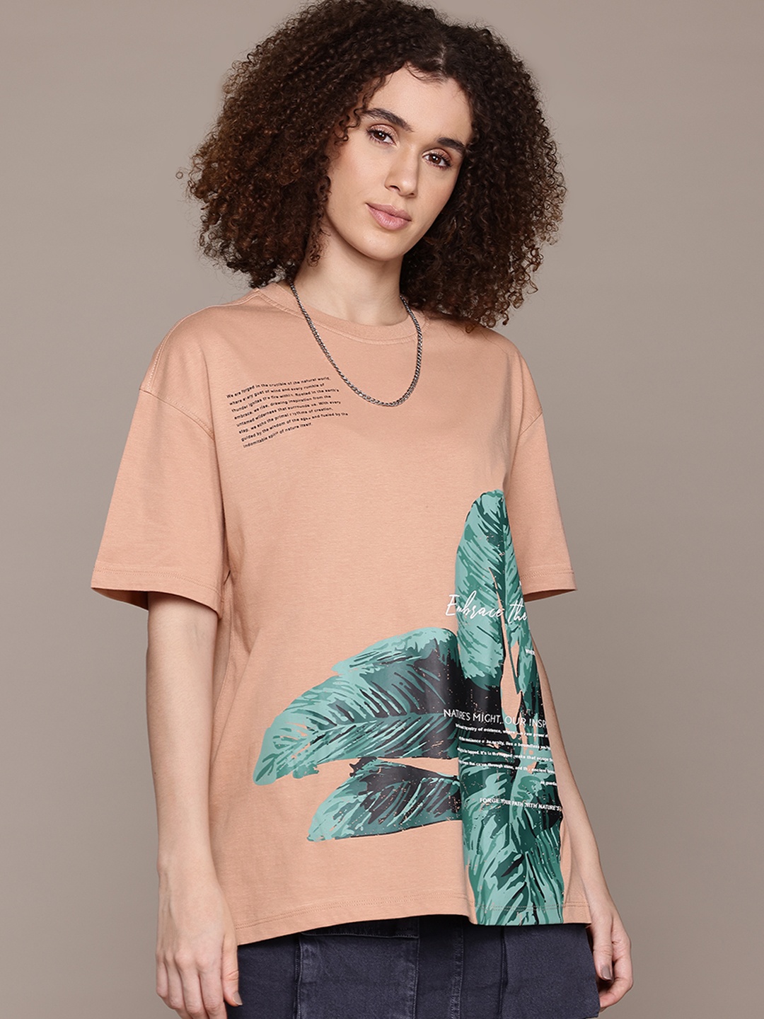 

The Roadster Lifestyle Co. Women Tropical Pure Cotton Oversized T-shirt, Rose