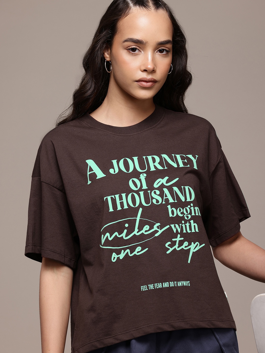 

The Roadster Lifestyle Co. Typography Printed Oversized T-shirt, Brown