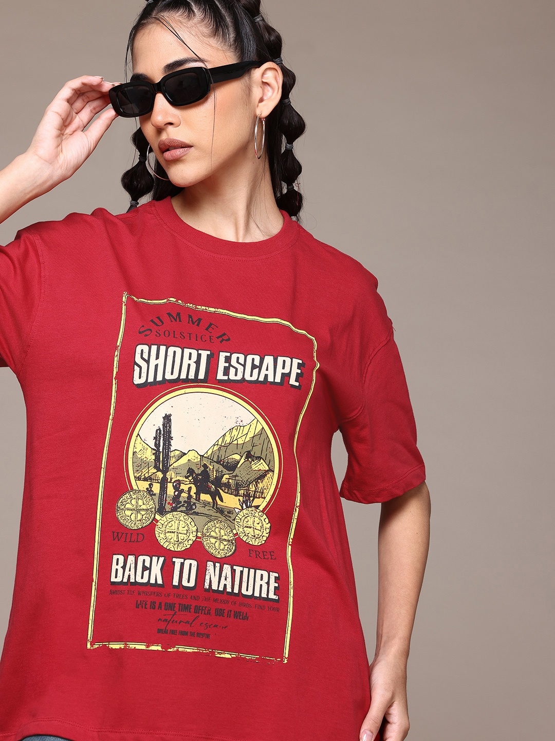 

The Roadster Lifestyle Co. Printed Pure Cotton Oversized T-shirt, Red