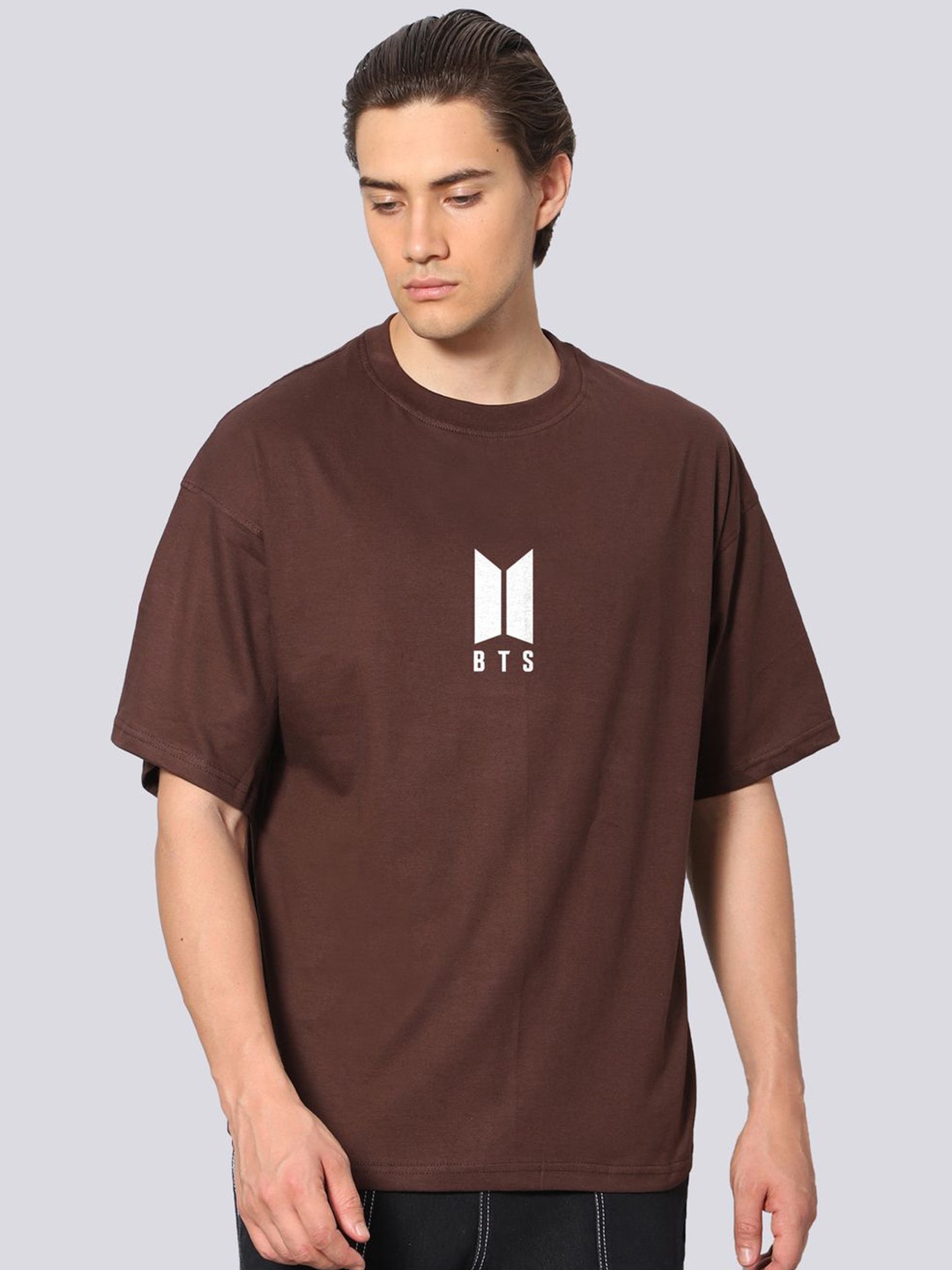 Besick Men Solid Round Neck Oversized T-shirt, Brown