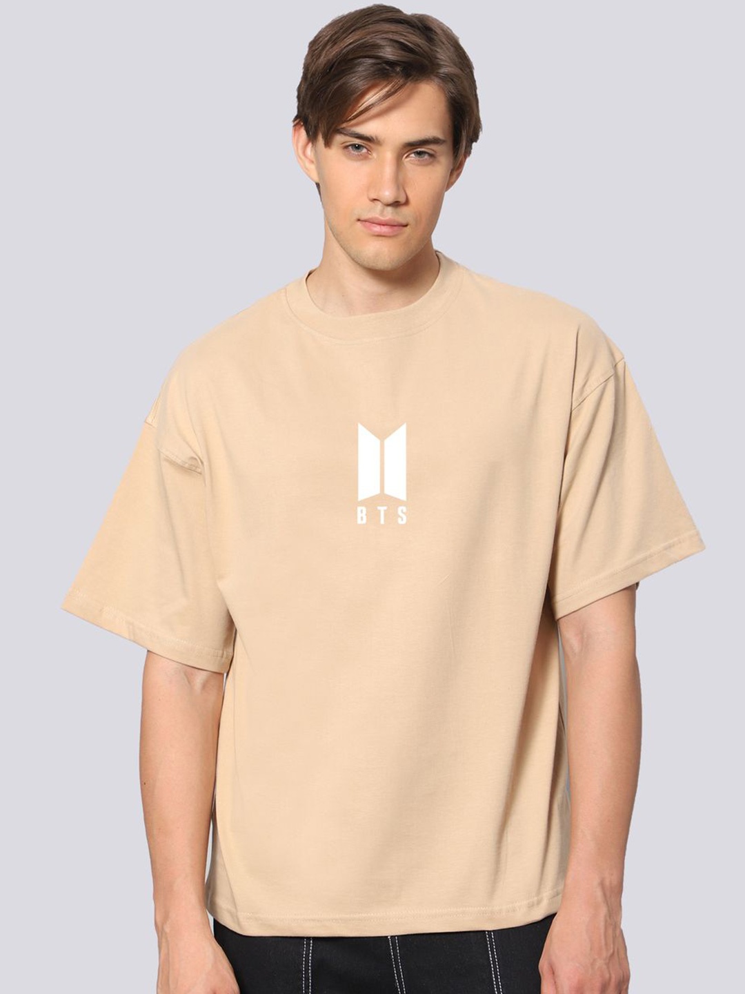 

Besick Men Solid Round Neck Oversized T-shirt, Beige