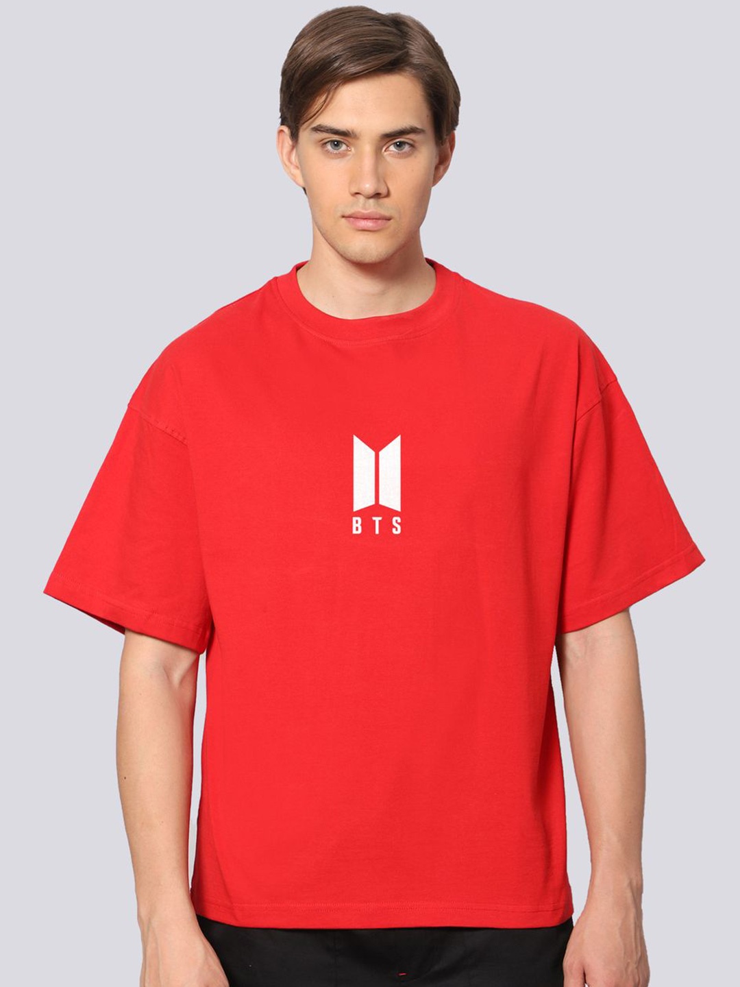 

Besick Men Cherry Red Printed Oversized T-shirt