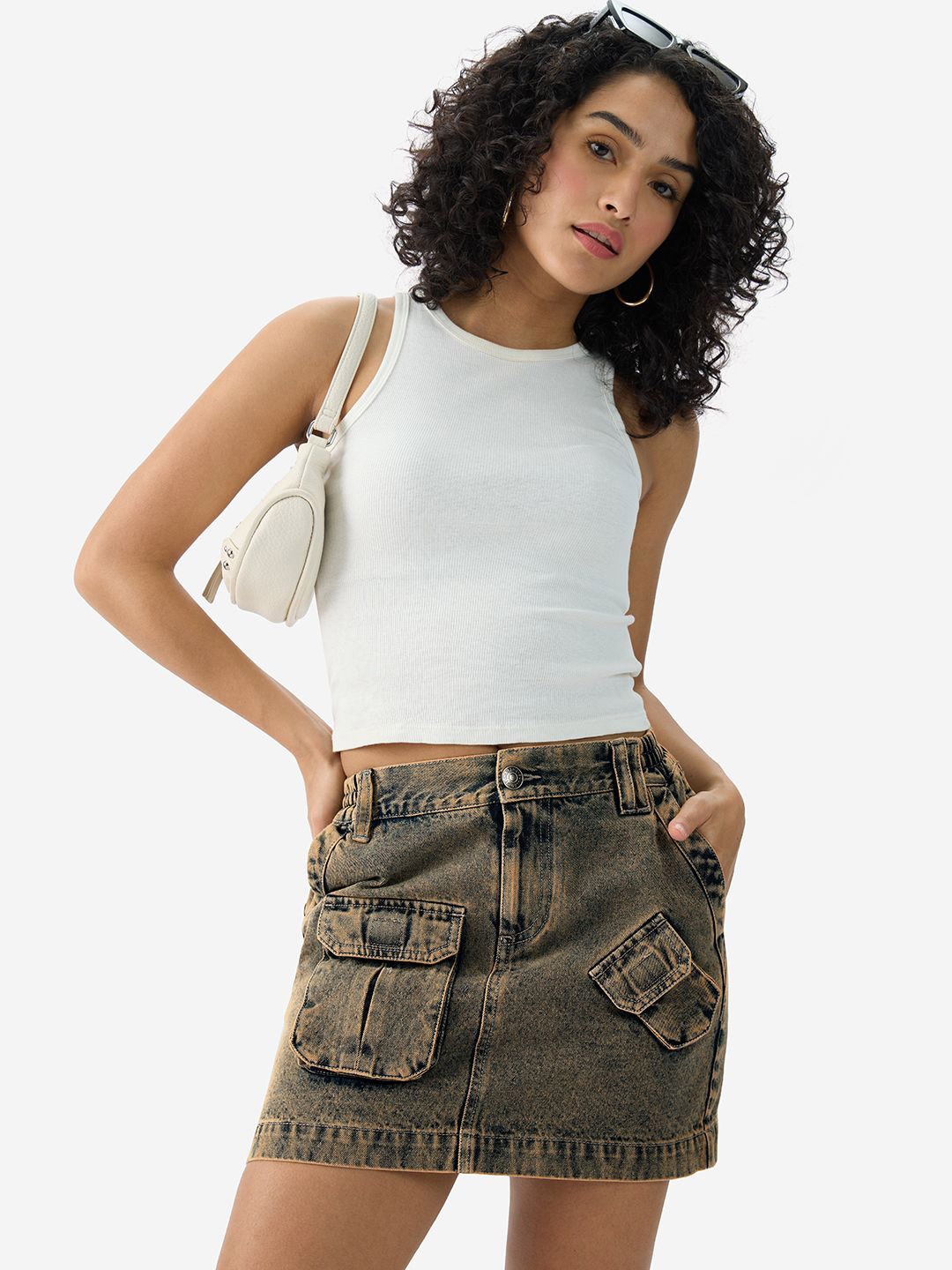 

The Souled Store Denim Straight Peplum above Knee Skirt, Brown