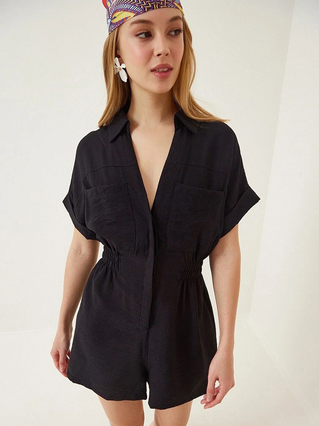 

LULU & SKY Shirt Collar Short Sleeves Playsuit, Black