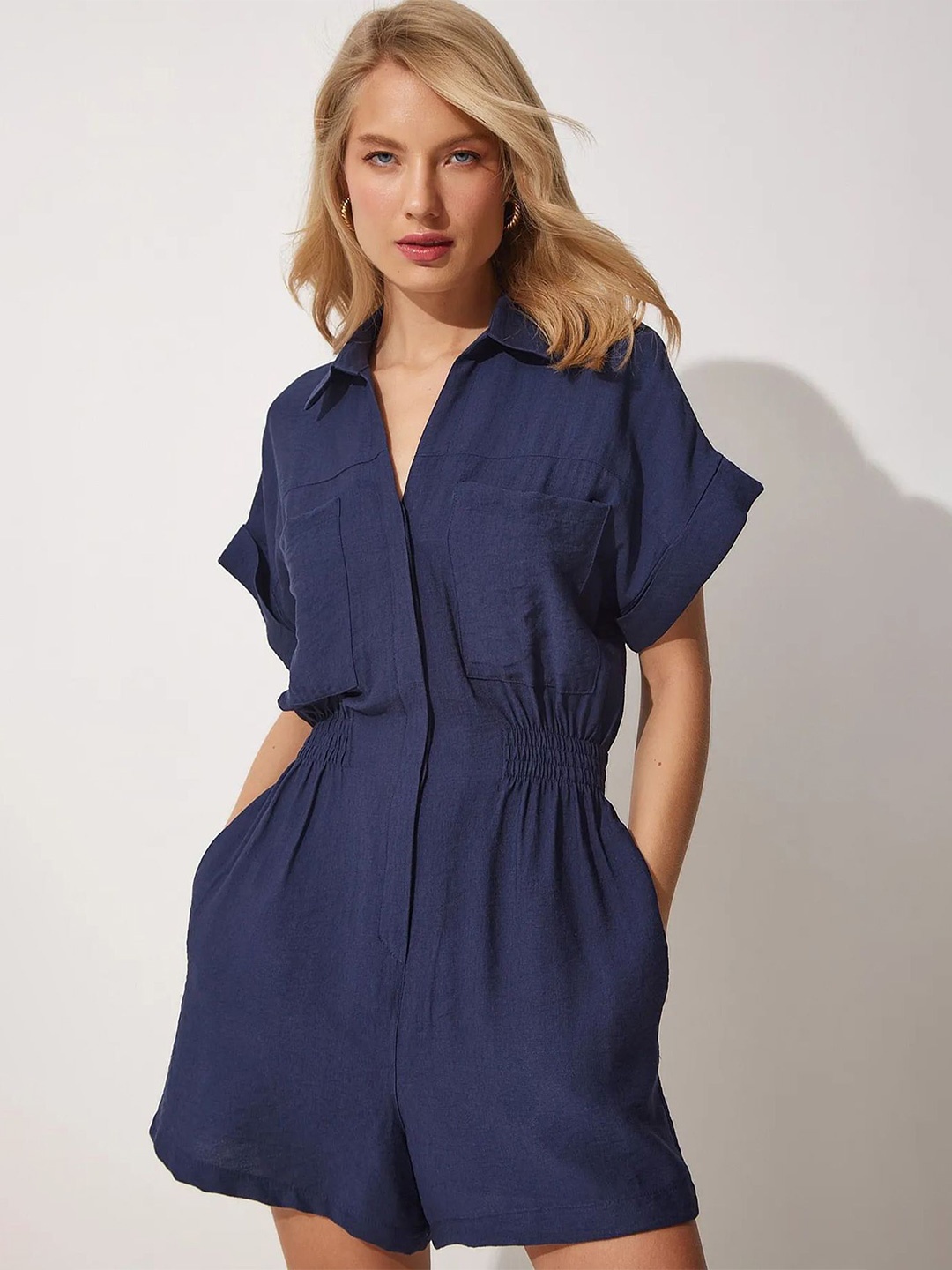 

LULU & SKY Shirt Collar Short Sleeves Playsuit, Navy blue