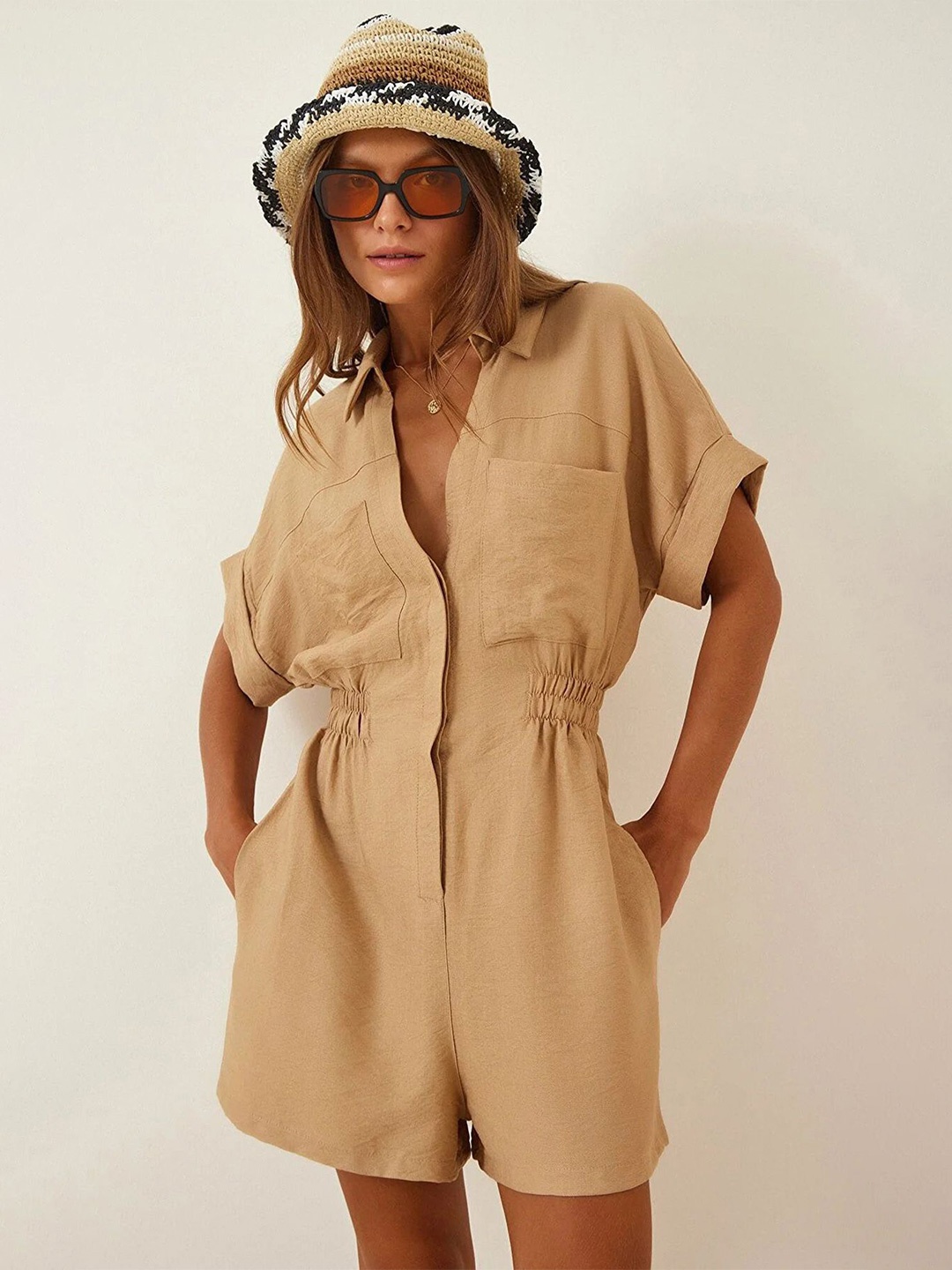 

LULU & SKY Shirt Collar Extended Sleeves Jumpsuit, Khaki