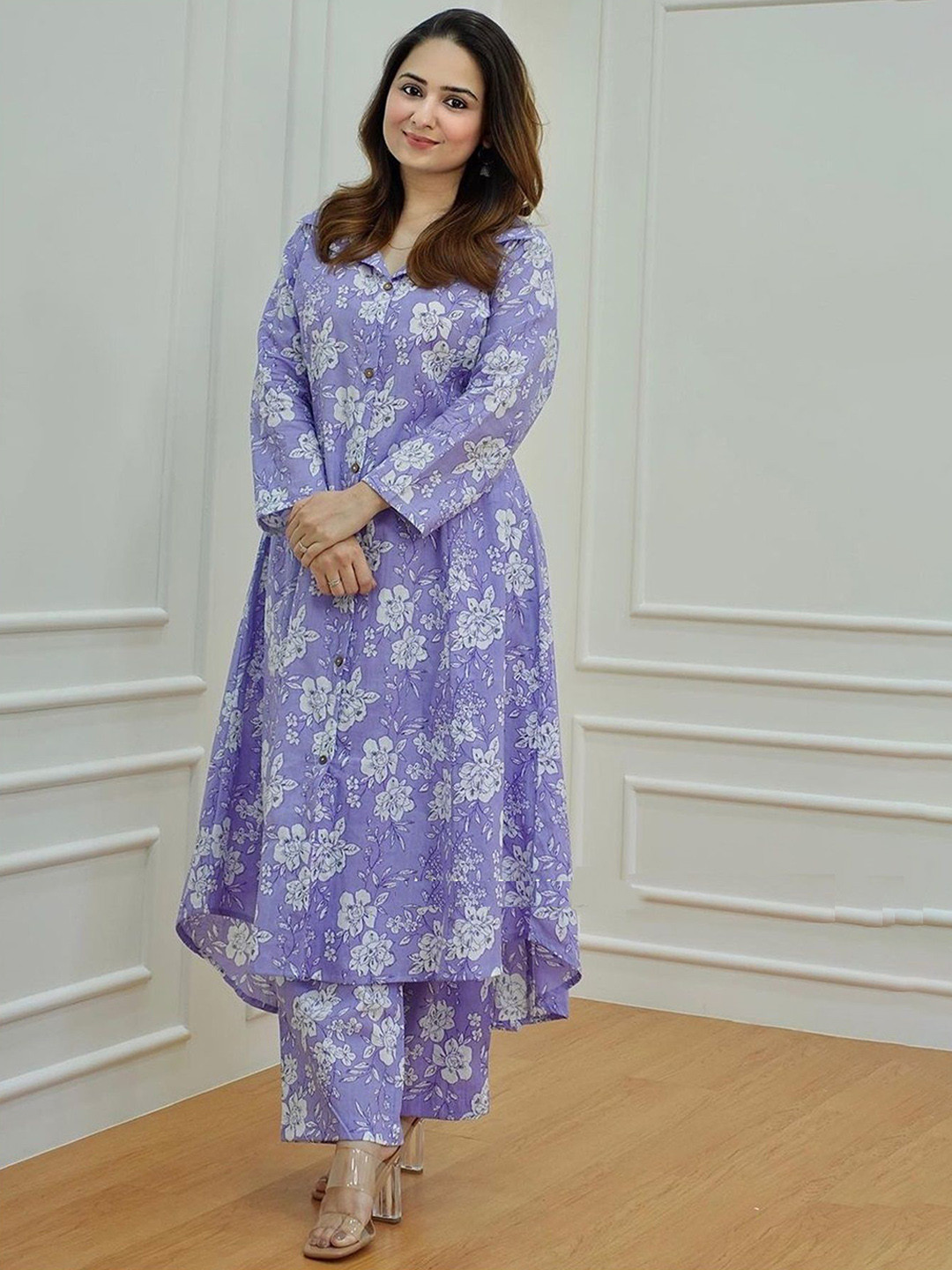 

Dress21 Floral Printed Shirt Collar Pure Cotton A-Line Kurta With Palazzos, Lavender