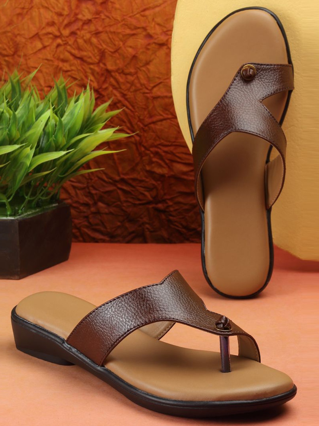 

AROOM Women Leather Slip-On Open One Toe Flats, Brown