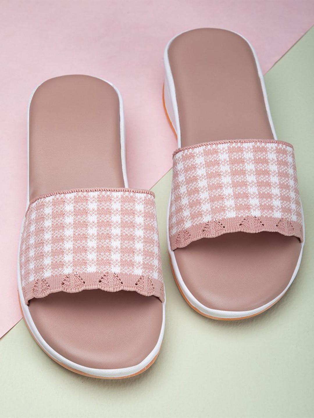

AROOM Women Striped Open Toe Flats, Pink