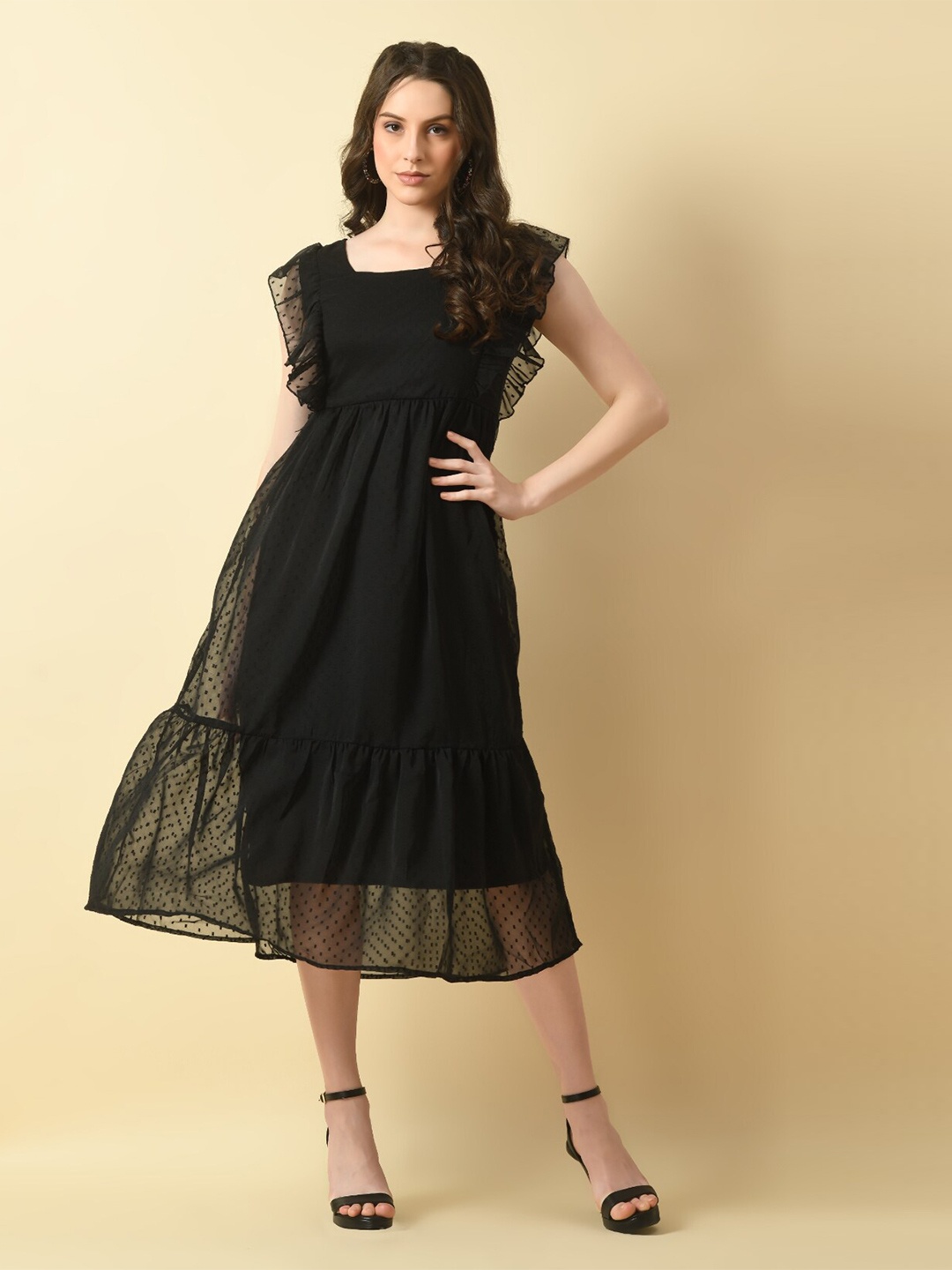 

Moshe Flutter Sleeve A-Line Midi Dress, Black