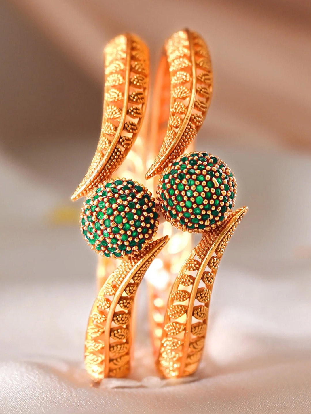 

Rubans Set of 2 22K Gold-Plated Emerald Green Stone Studded Traditional Handcrafted Bangle