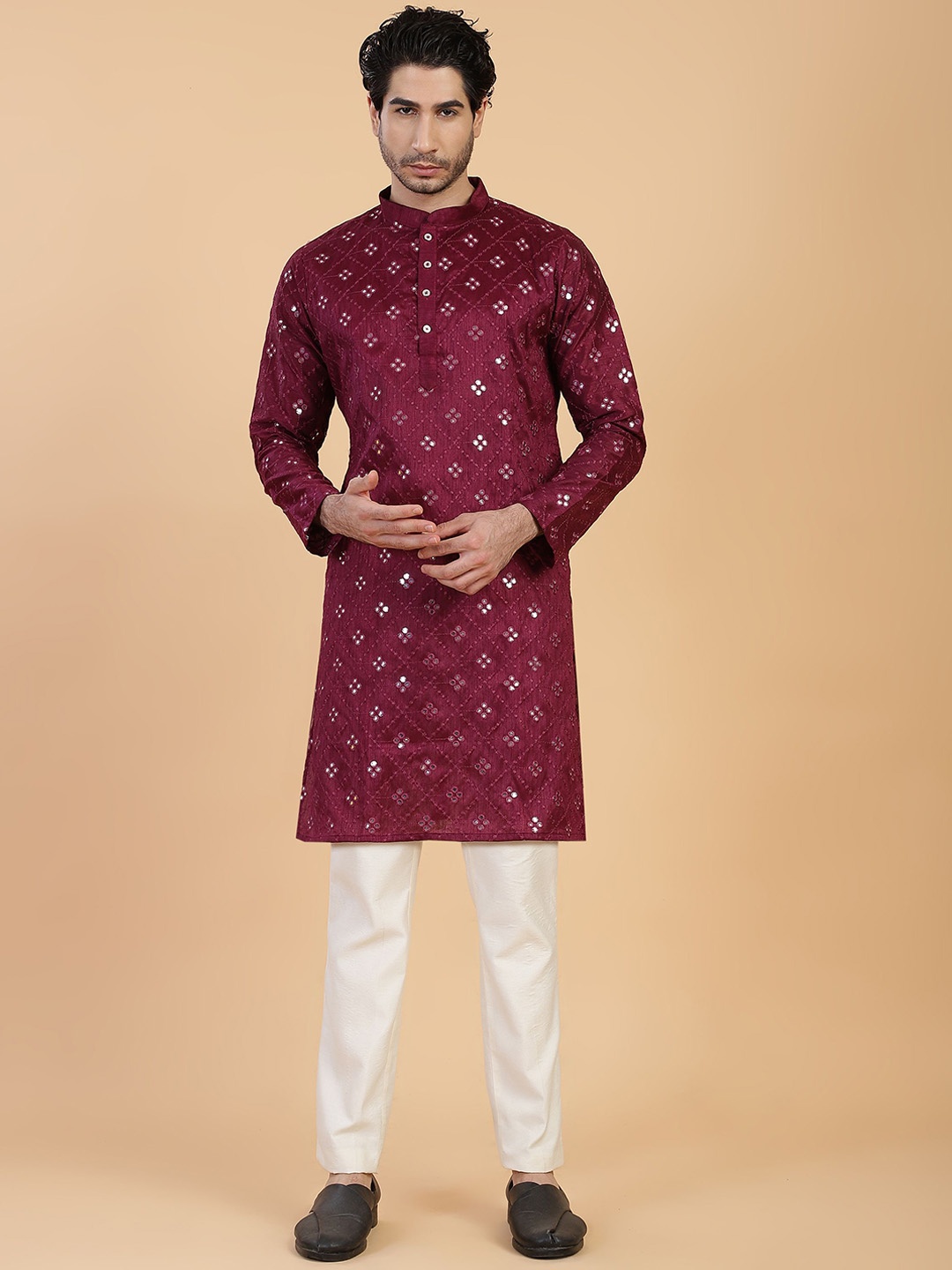 

Shiv Leela Men Ethnic Motifs Printed Thread Work Jacquard Kurta, Violet