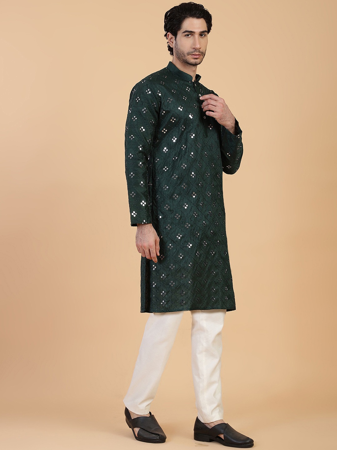 

Shiv Leela Men Mirror Work Jacquard Anarkali Kurta, Green