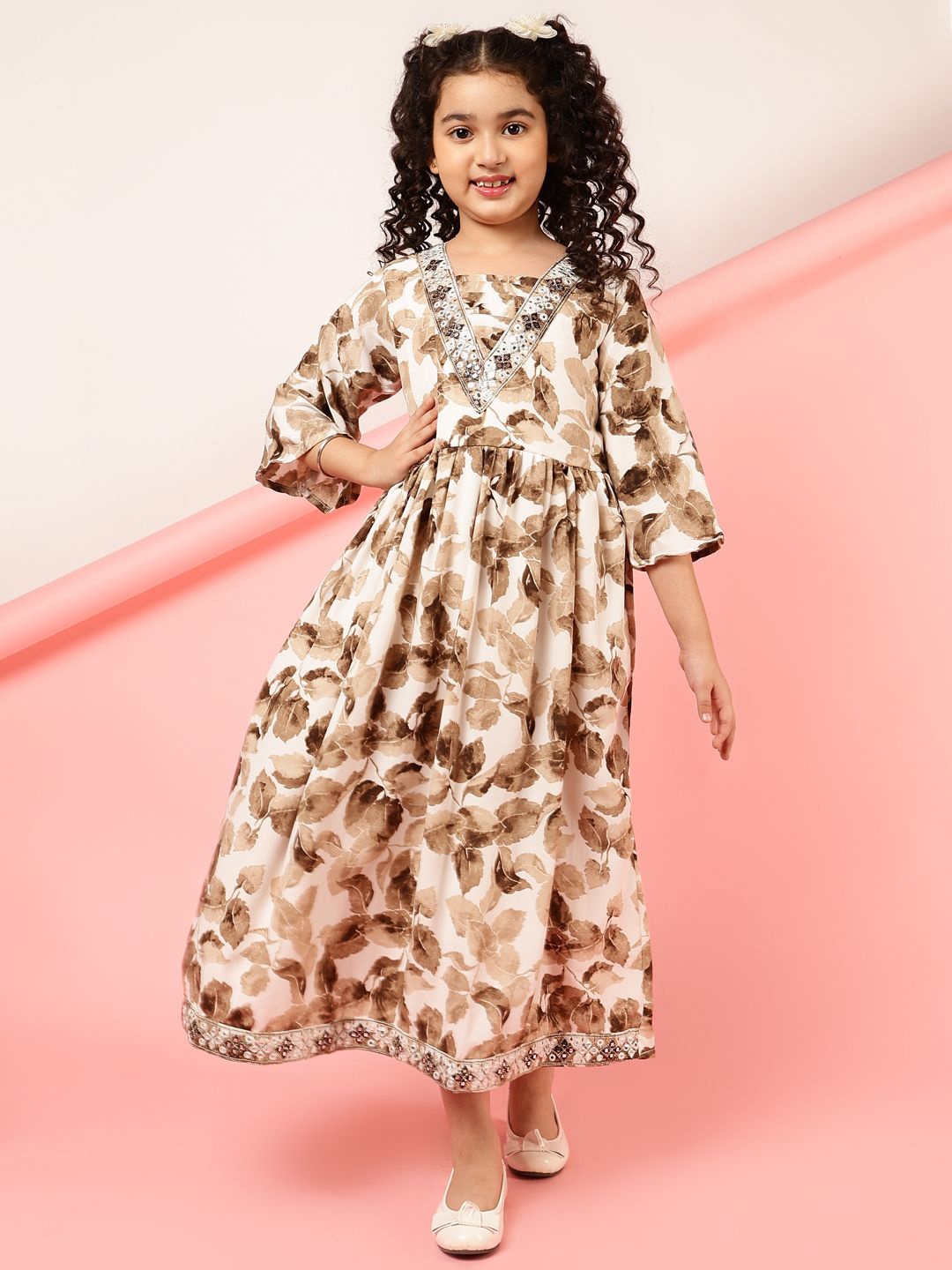 

BAESD Floral Print Bell Sleeve Fit & Flare Maxi Dress, Brown