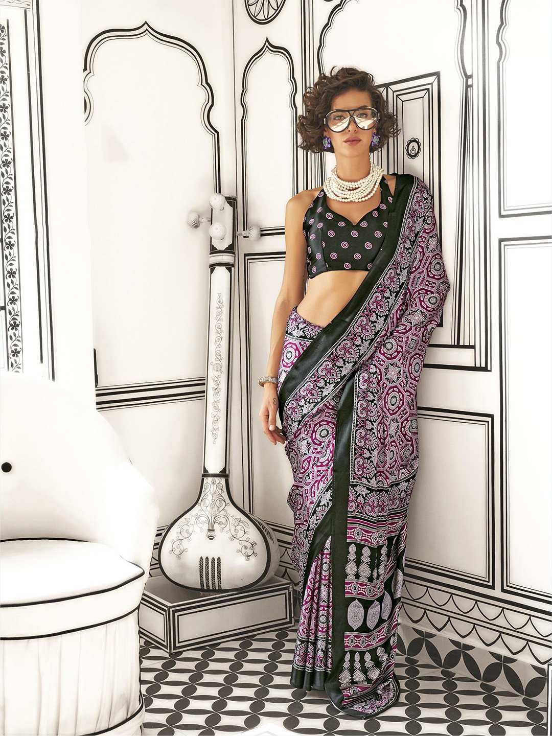 

elora Ajrak Block Satin Saree, Burgundy